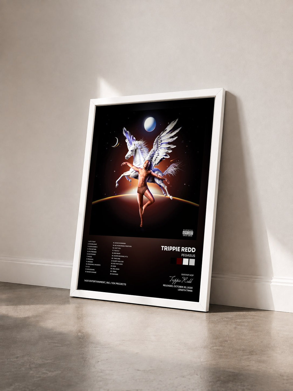 #blanc Tableau de l'album Pegasus de Trippie Redd vu de trois quarts, cadre blanc