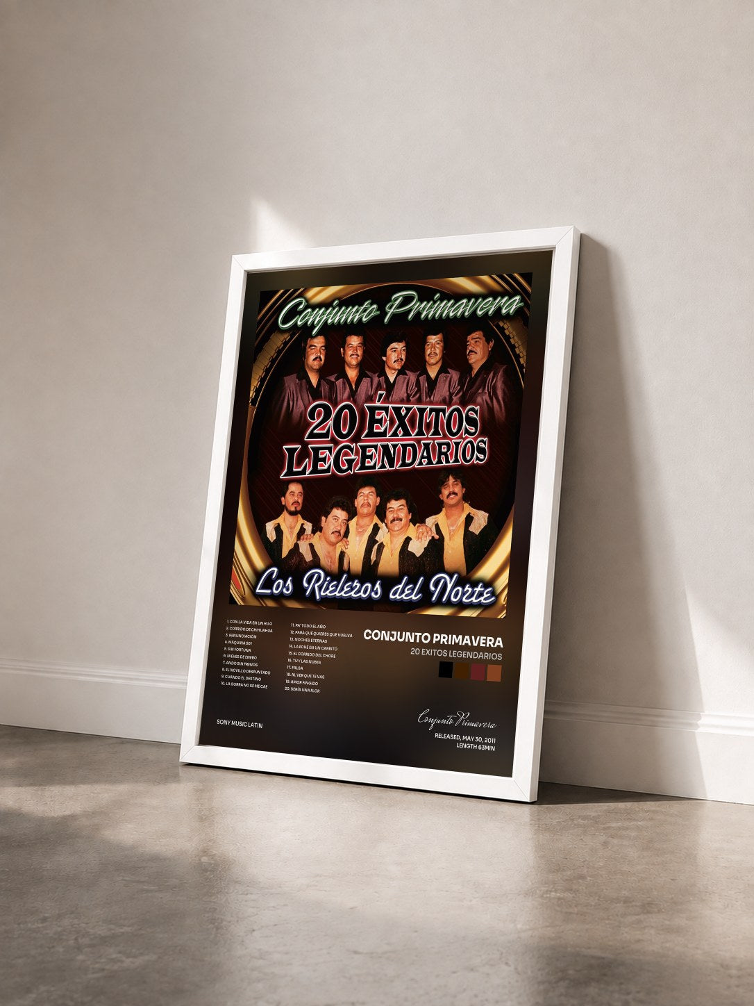 #blanc Tableau de l'album 20 Exitos Legendarios de Conjunto Primavera vu de trois quarts, cadre blanc