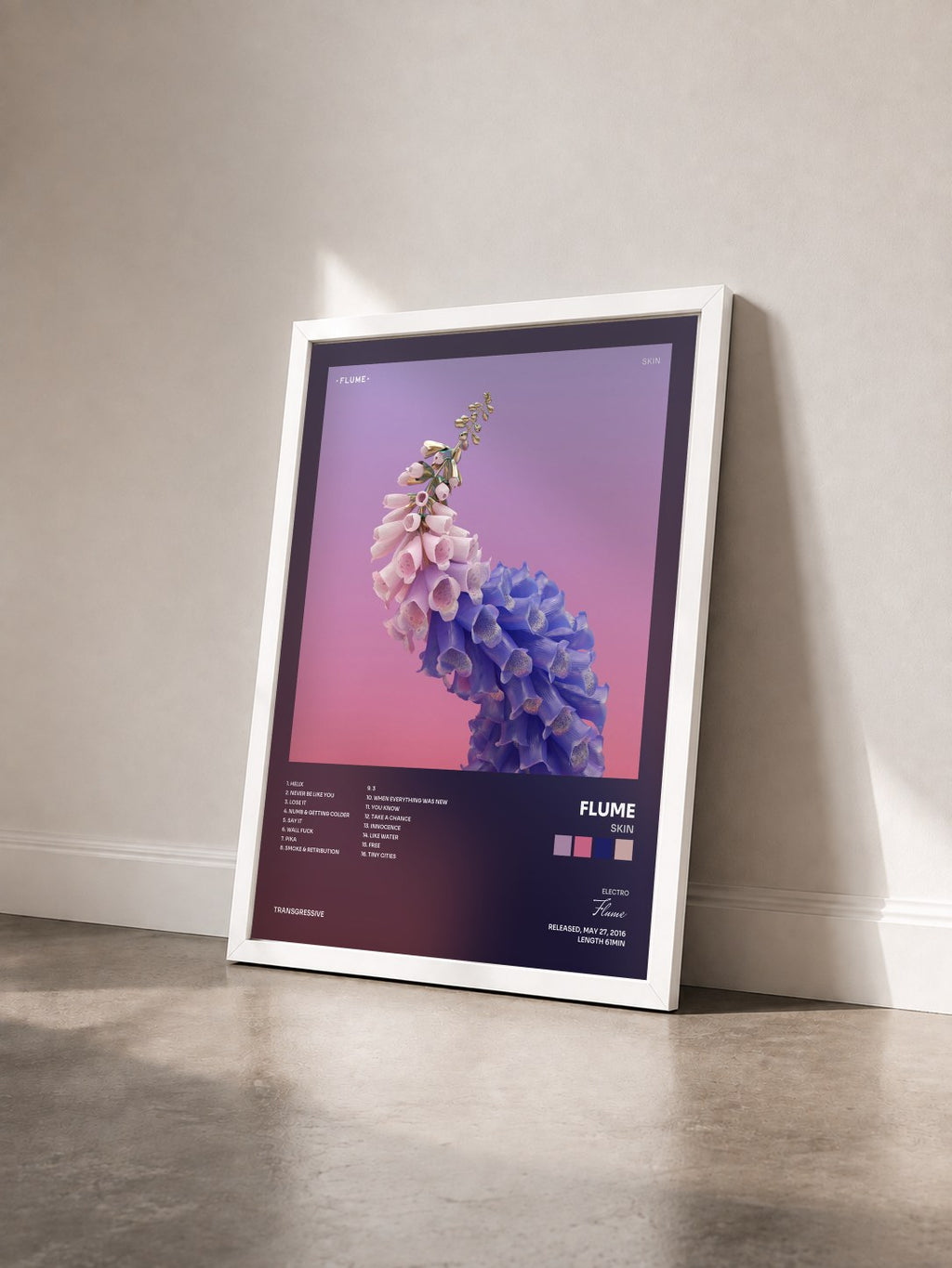 #blanc Skin von Flume als gerahmter Kunstdruck von schräg gesehen, weißer Rahmen