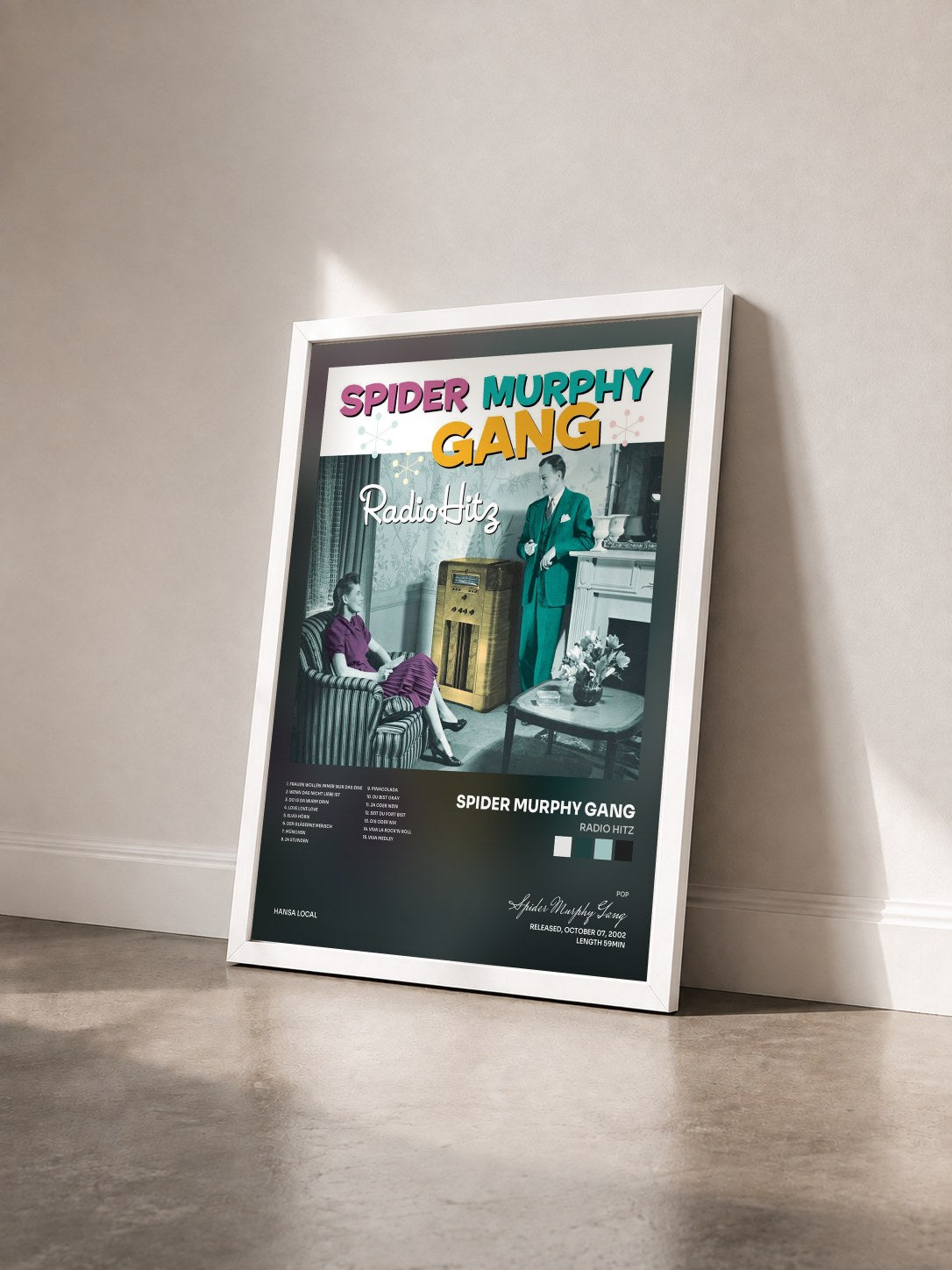 #blanc Tableau de l'album Radio Hitz de Spider Murphy Gang vu de trois quarts, cadre blanc