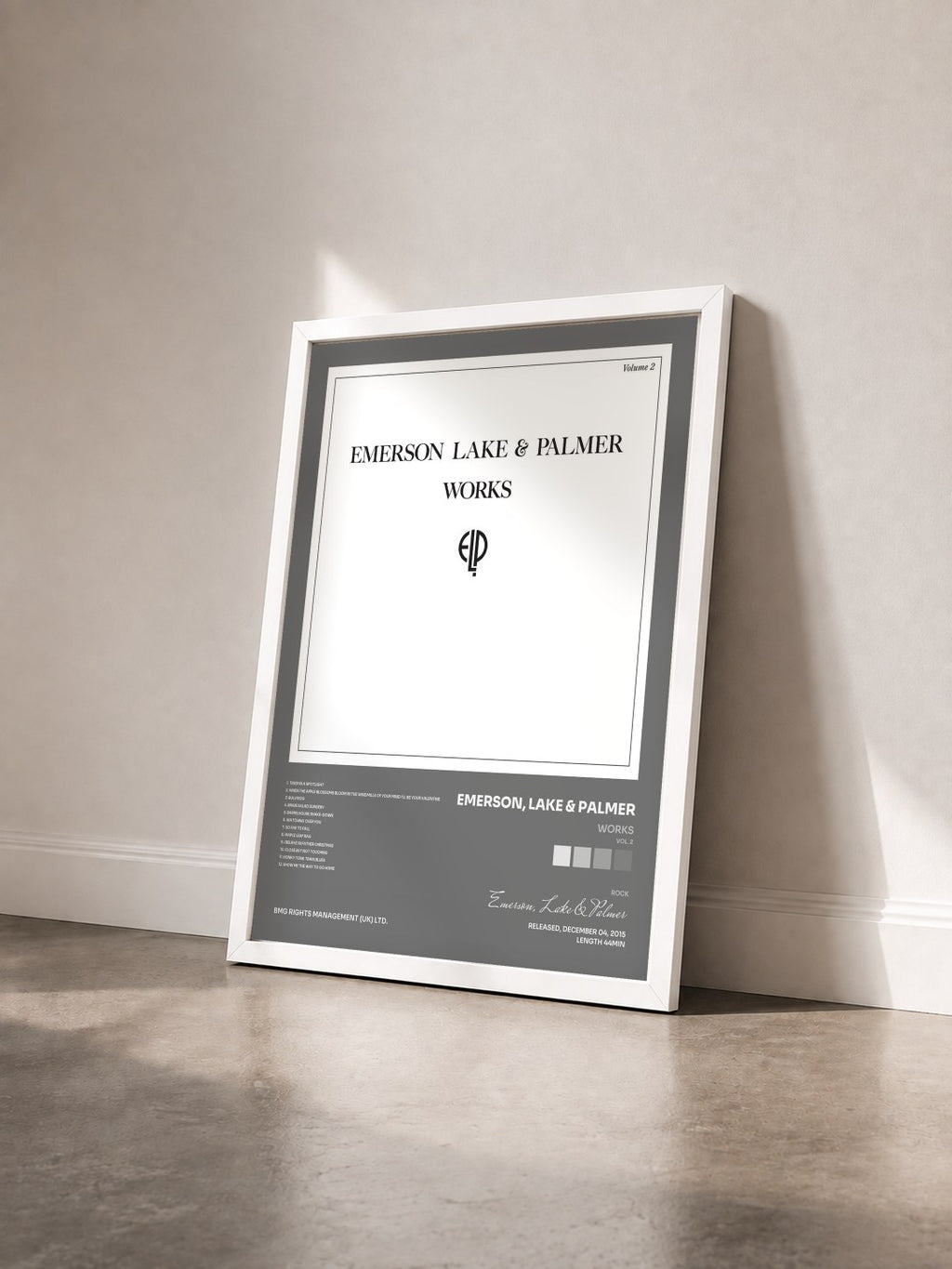 #blanc Tableau de l'album Works (Vol. 2) de Emerson, Lake & Palmer vu de trois quarts, cadre blanc