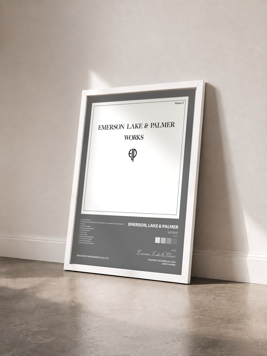 #blanc Tableau de l'album Works (Vol. 2) de Emerson, Lake & Palmer vu de trois quarts, cadre blanc