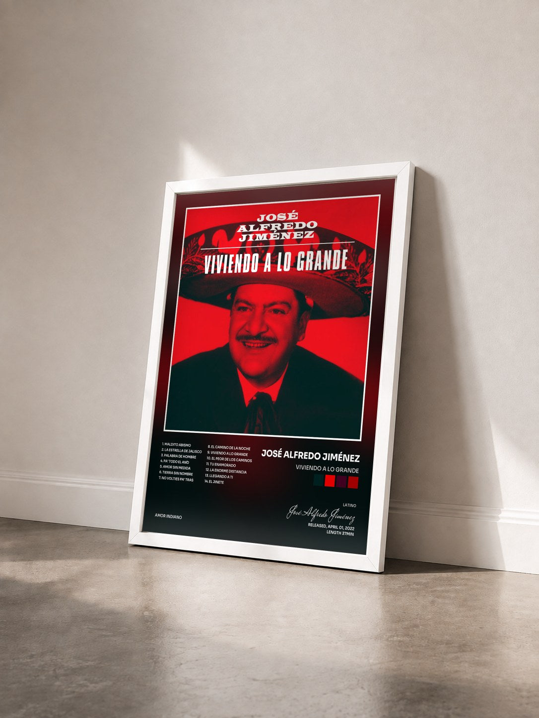 #blanc Tableau de l'album Viviendo a lo Grande de José Alfredo Jiménez vu de trois quarts, cadre blanc
