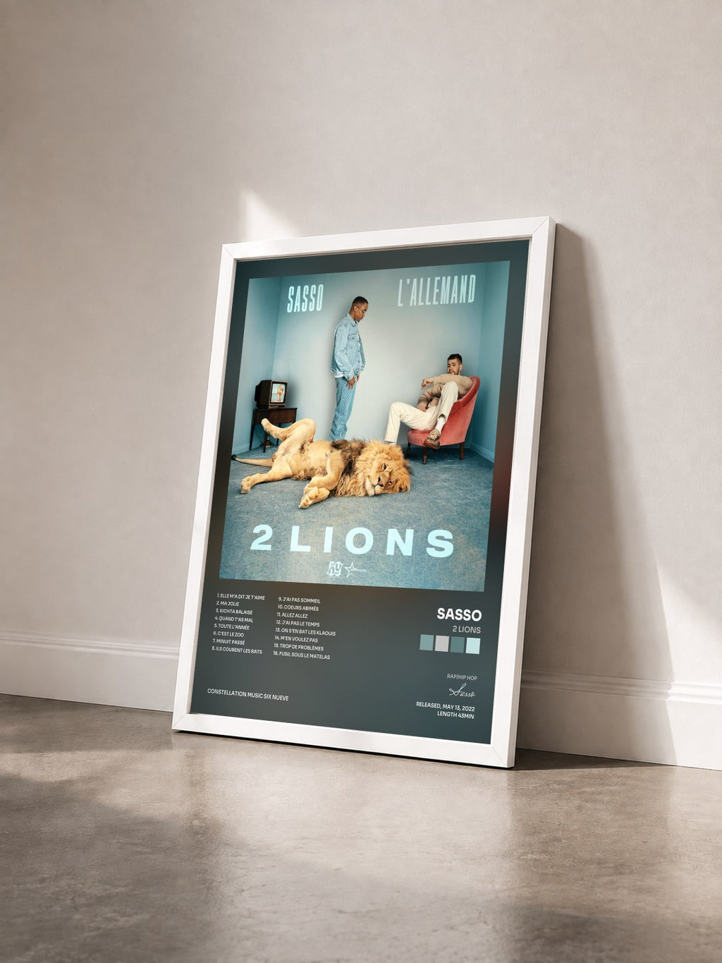 #blanc 2 Lions by Sasso as a framed art print seen at an angle, white frame