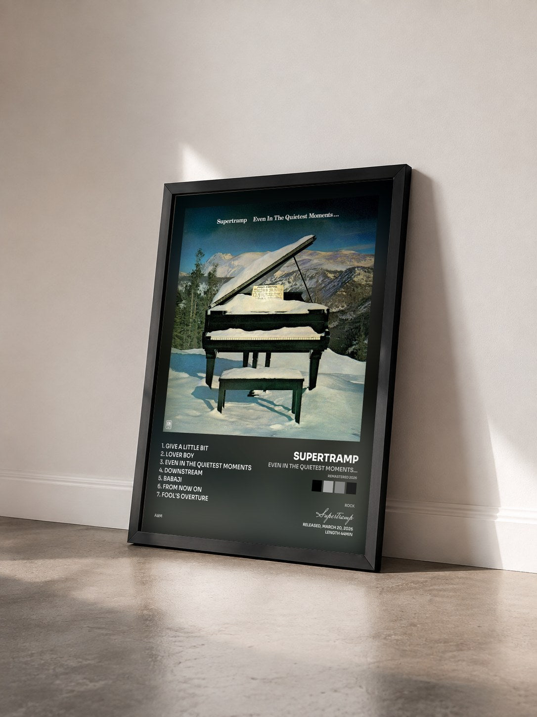 #noir Tableau de l'album Even In The Quietest Moments... (Remastered 2026) de Supertramp vu de trois quarts, cadre noir