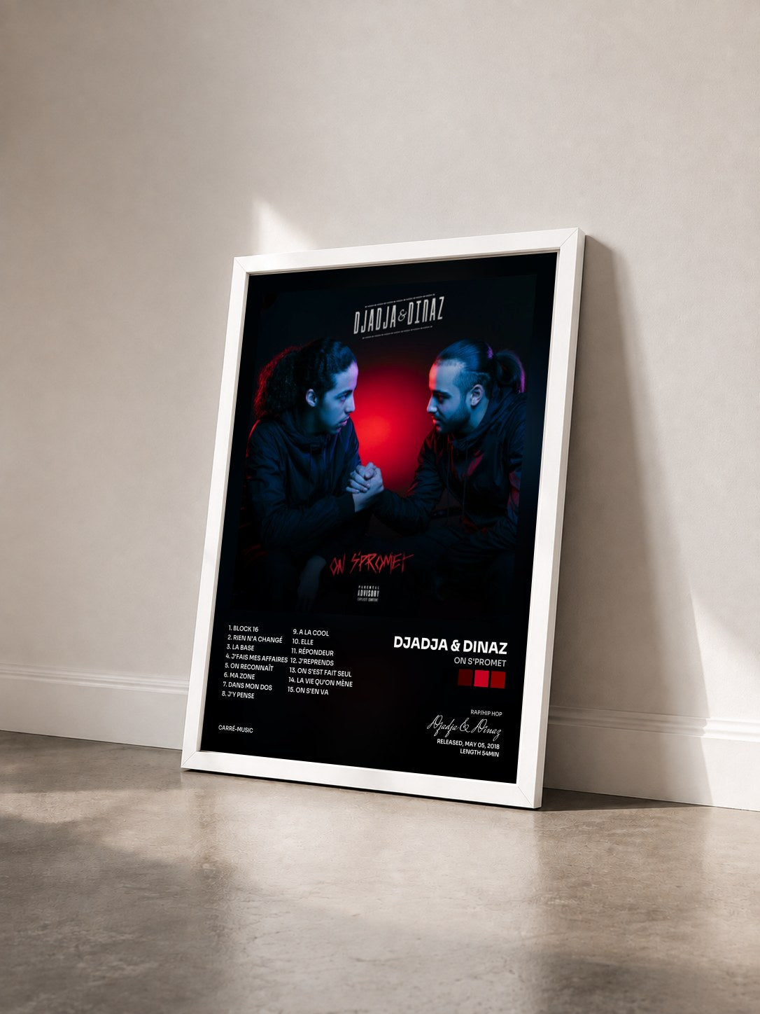 #blanc Tableau de l'album On s'promet de Djadja & Dinaz vu de trois quarts, cadre blanc