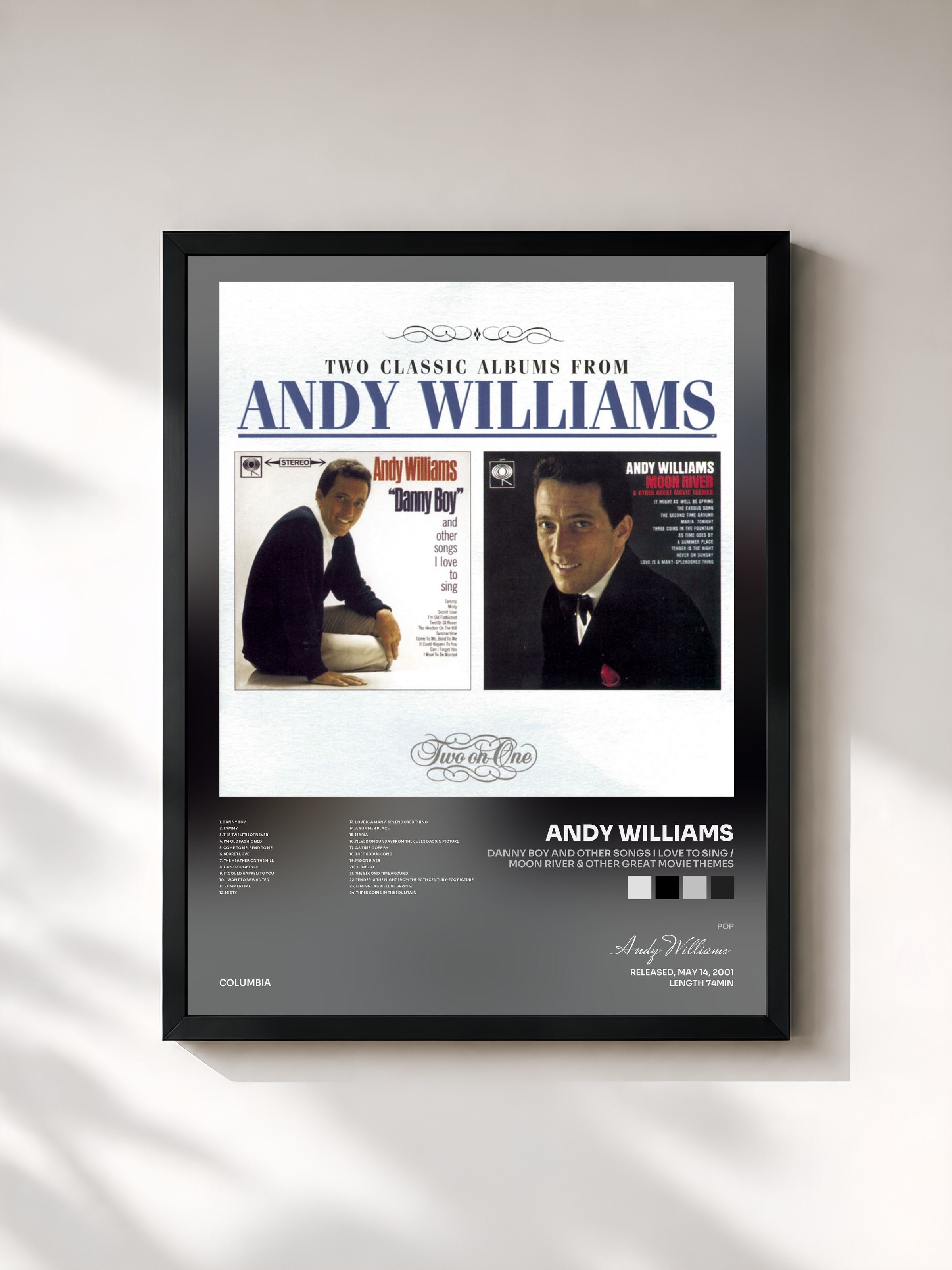 #noir Tableau de l'album Danny Boy and Other Songs I Love To Sing / Moon River & Other Great Movie Themes de Andy Williams, cadre noir, imprimé et encadré en France