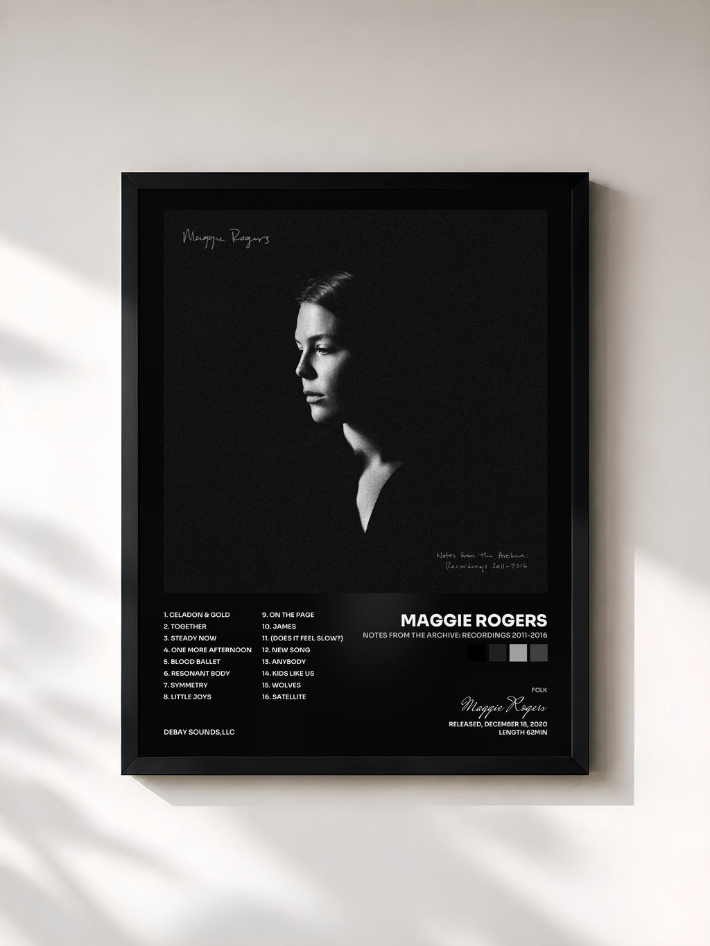 #noir Tableau de l'album Notes from the Archive: Recordings 2011-2016 de Maggie Rogers, cadre noir, imprimé et encadré en France
