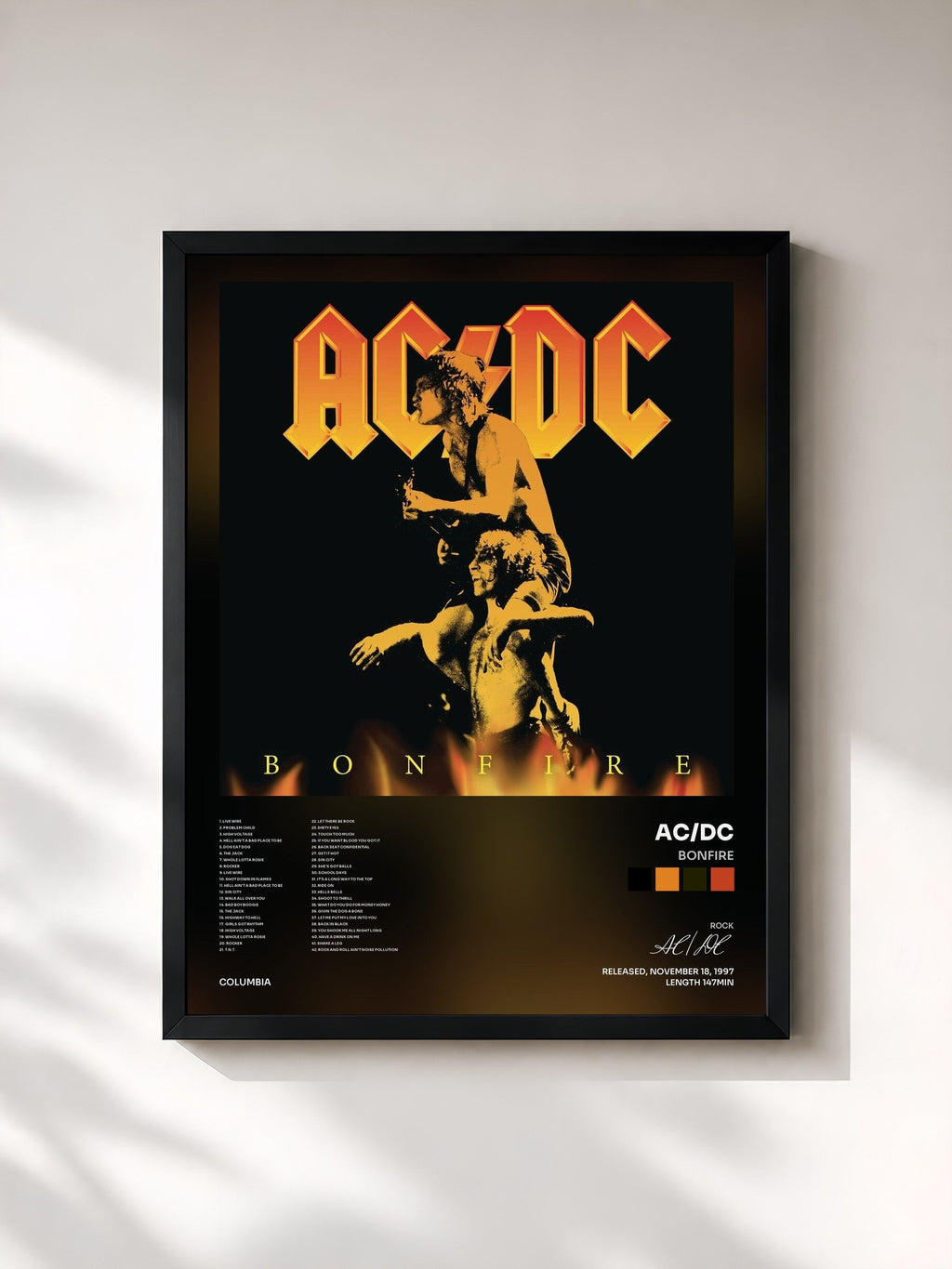 #noir Bonfire di AC/DC in stampa incorniciata, cornice nera, stampata e incorniciata in Francia
