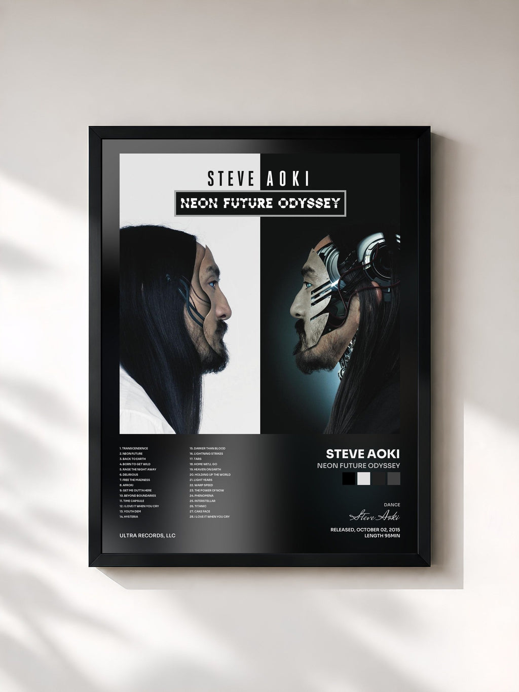 #noir Tableau de l'album Neon Future Odyssey de Steve Aoki, cadre noir, imprimé et encadré en France