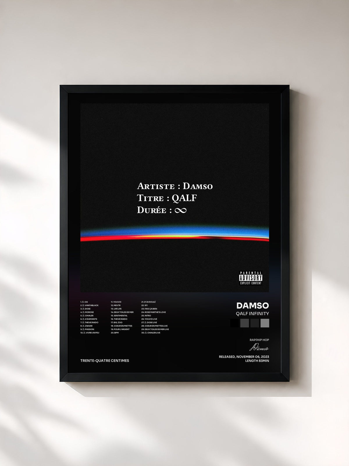 #noir Tableau de l'album QALF infinity de Damso, cadre noir, imprimé et encadré en France