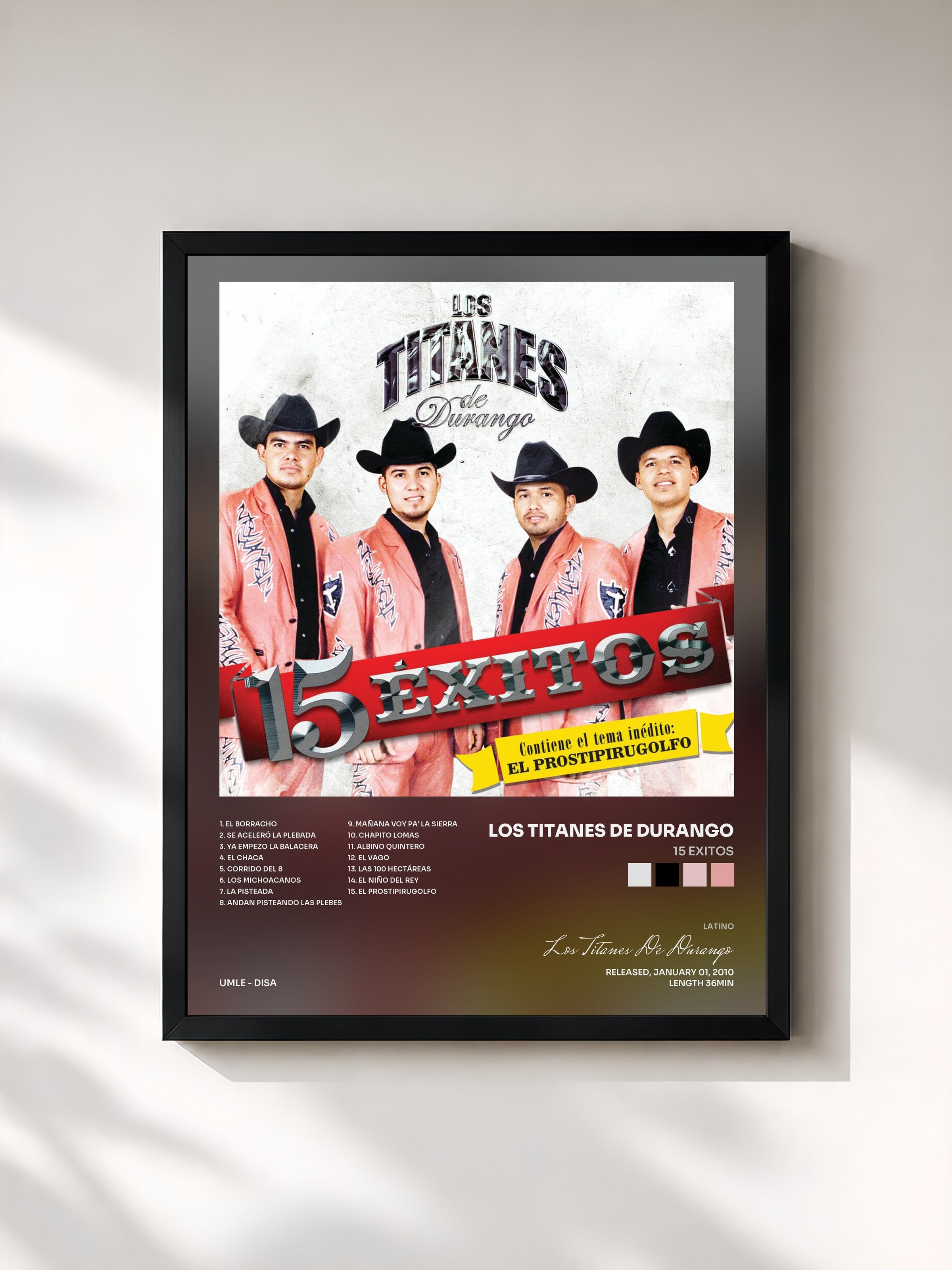 #noir Tableau de l'album 15 Exitos de Los Titanes De Durango, cadre noir, imprimé et encadré en France