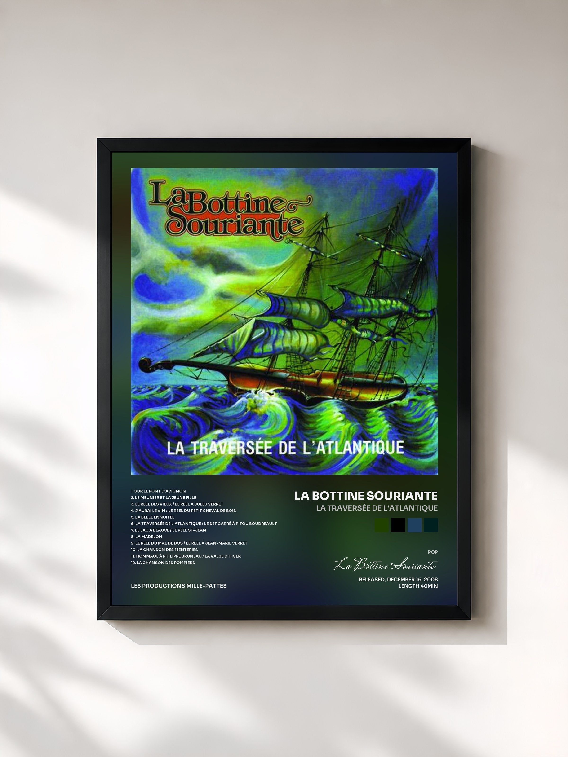 #noir Tableau de l'album La traversée de l'Atlantique de La Bottine Souriante, cadre noir, imprimé et encadré en France