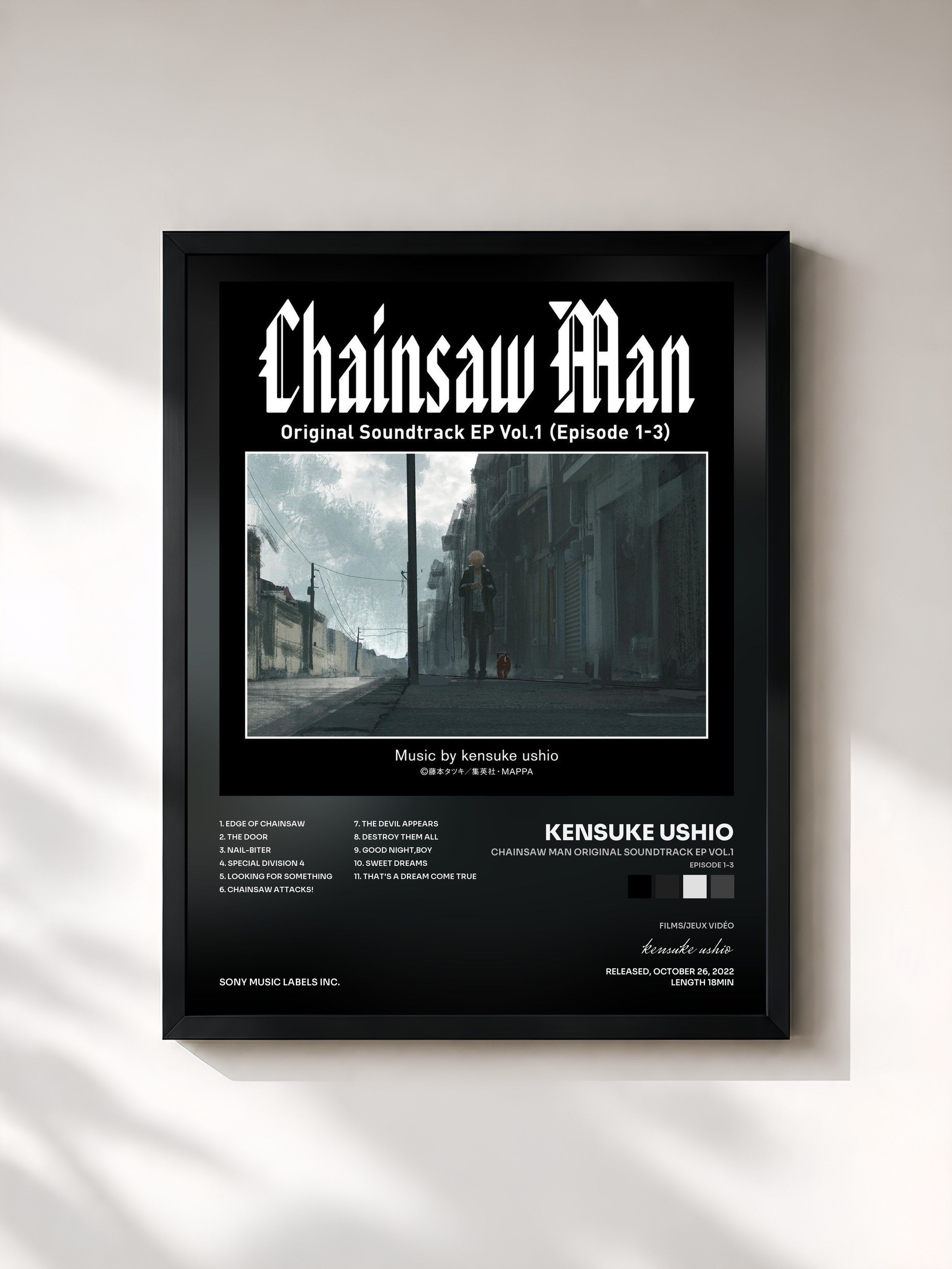#noir Tableau de l'album Chainsaw Man Original Soundtrack EP Vol.1 (Episode 1-3) de kensuke ushio, cadre noir, imprimé et encadré en France