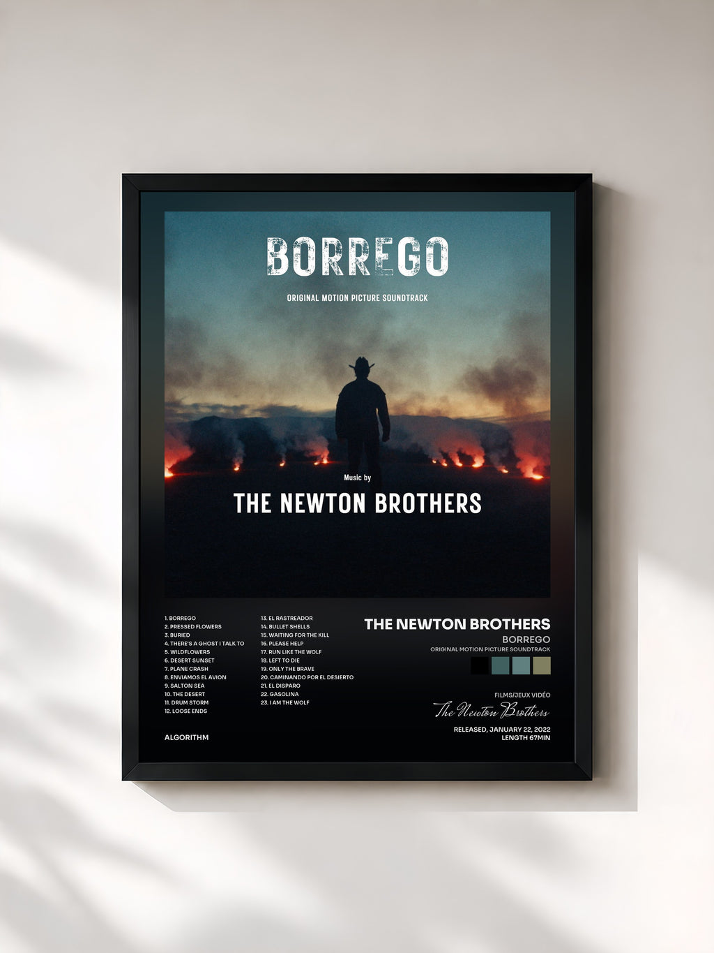#noir Tableau de l'album Borrego (Original Motion Picture Soundtrack) de The Newton Brothers, cadre noir, imprimé et encadré en France