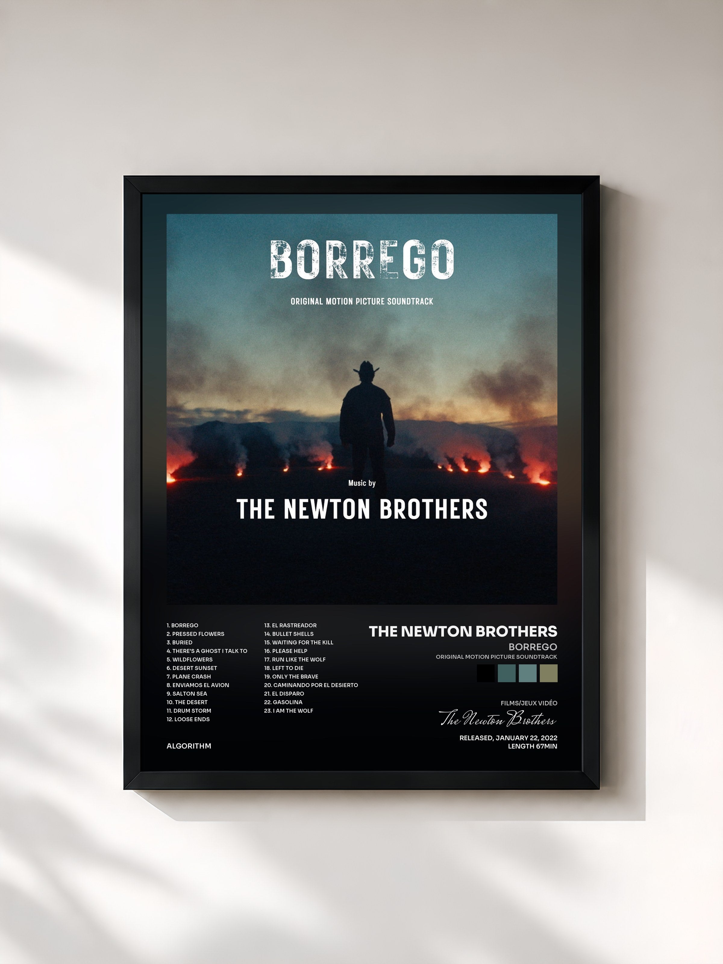 #noir Tableau de l'album Borrego (Original Motion Picture Soundtrack) de The Newton Brothers, cadre noir, imprimé et encadré en France