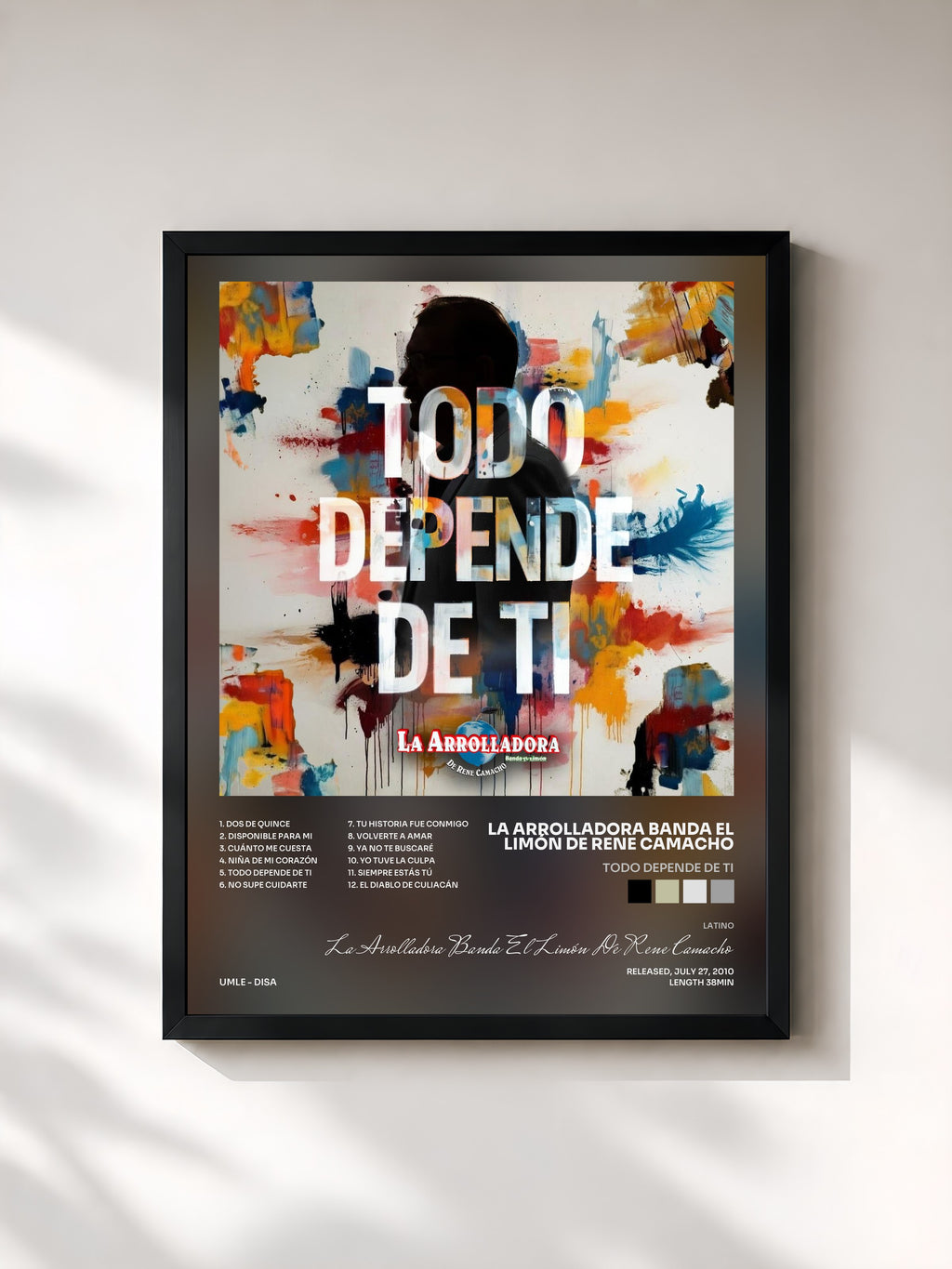 #noir Tableau de l'album Todo Depende De Ti de La Arrolladora Banda El Limón De Rene Camacho, cadre noir, imprimé et encadré en France