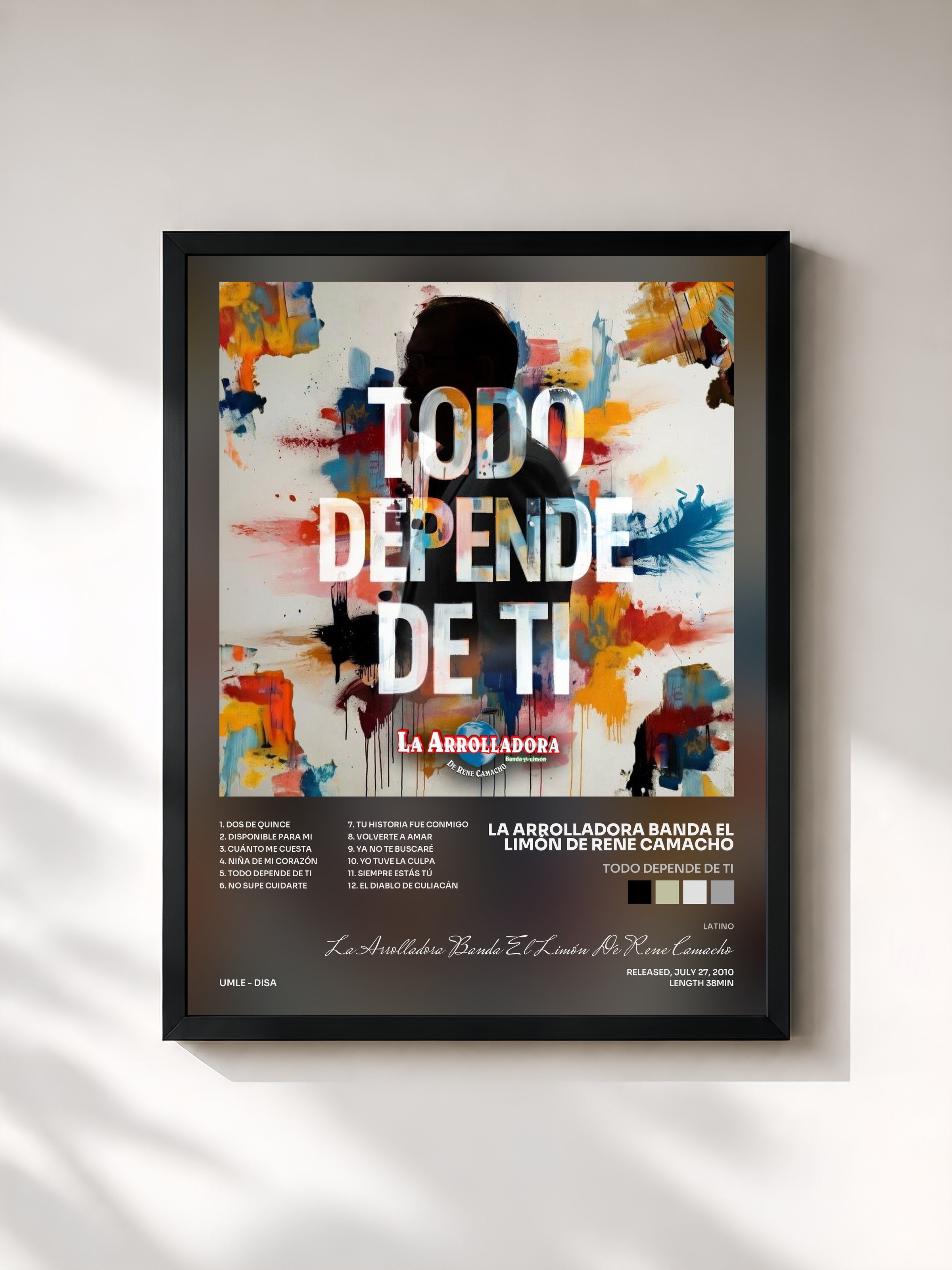 #noir Tableau de l'album Todo Depende De Ti de La Arrolladora Banda El Limón De Rene Camacho, cadre noir, imprimé et encadré en France