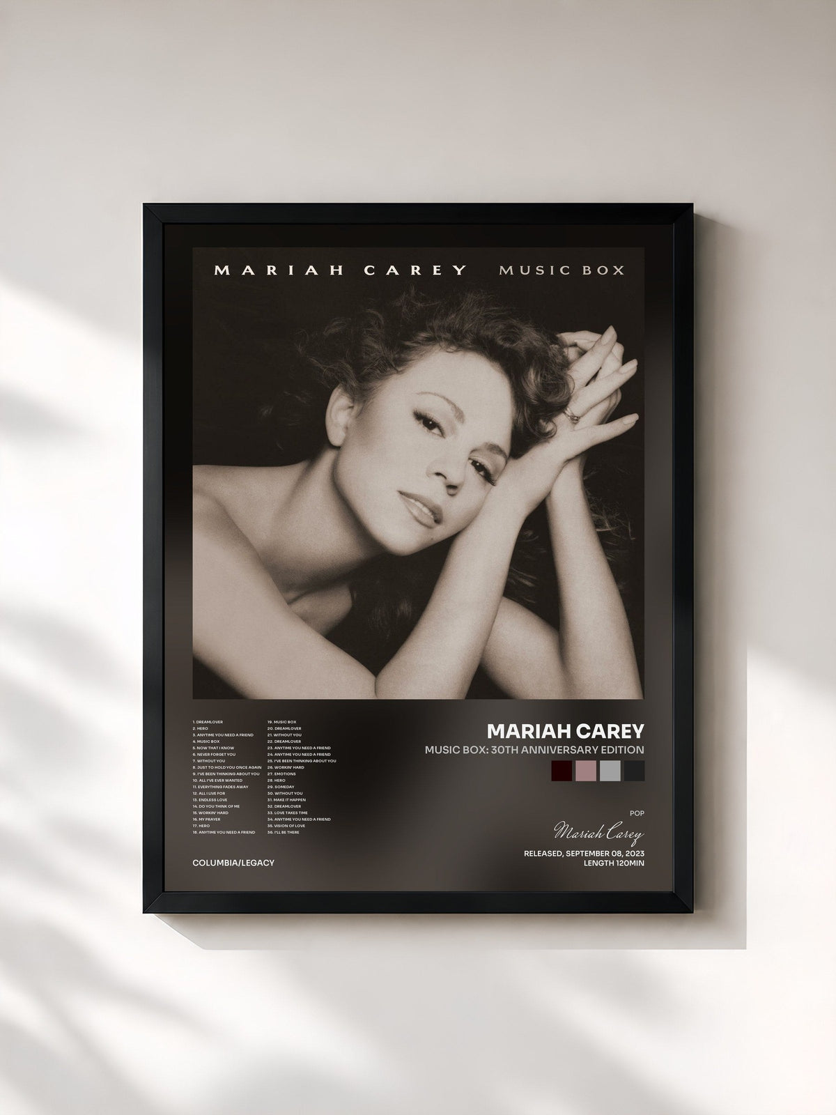 #noir Tableau de l'album Music Box: 30th Anniversary Edition de Mariah Carey, cadre noir, imprimé et encadré en France