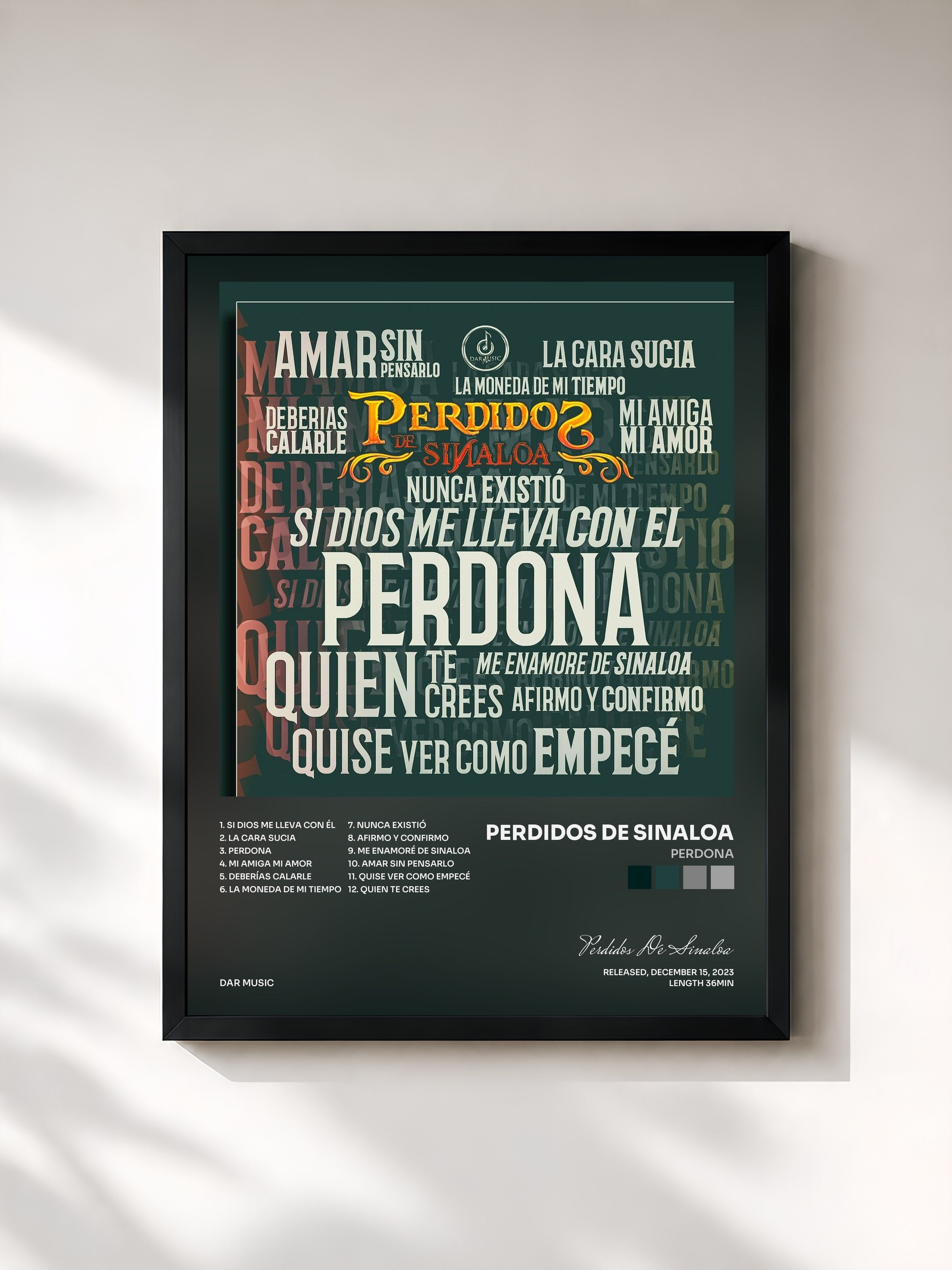 #noir Tableau de l'album Perdona de Perdidos De Sinaloa, cadre noir, imprimé et encadré en France