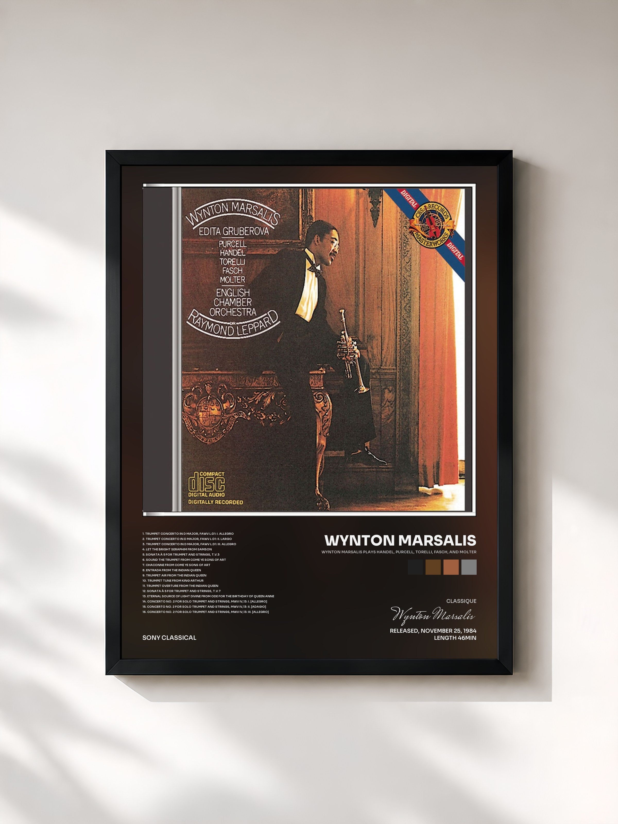 #noir Tableau de l'album Wynton Marsalis Plays Handel, Purcell, Torelli, Fasch, and Molter de Wynton Marsalis, cadre noir, imprimé et encadré en France