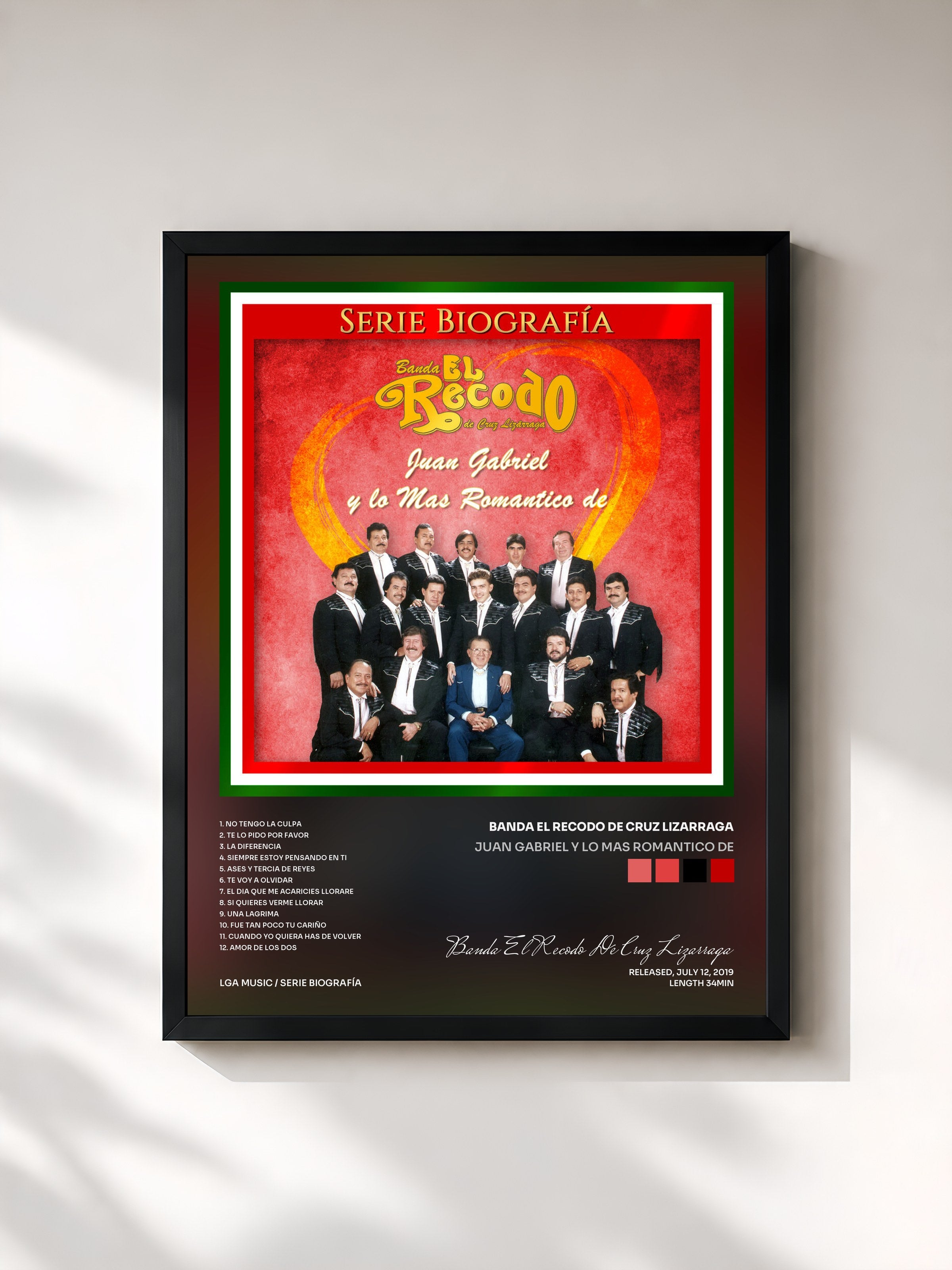 #noir Tableau de l'album Juan Gabriel y Lo Mas Romantico De de Banda El Recodo De Cruz Lizarraga, cadre noir, imprimé et encadré en France