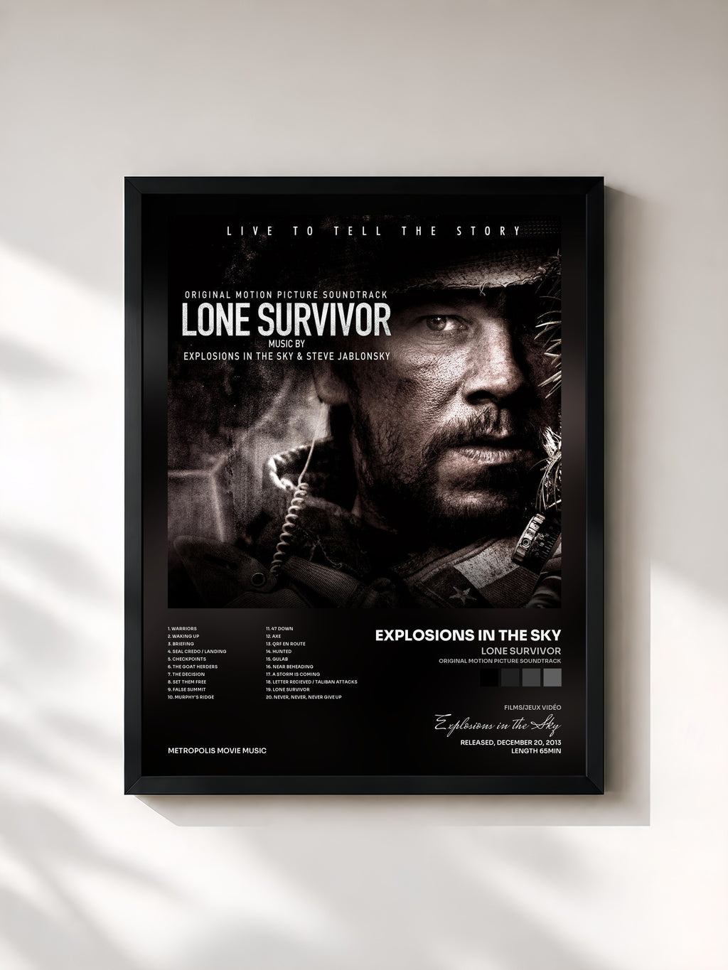 #noir Tableau de l'album Lone Survivor (Original Motion Picture Soundtrack) de Explosions in the Sky, cadre noir, imprimé et encadré en France