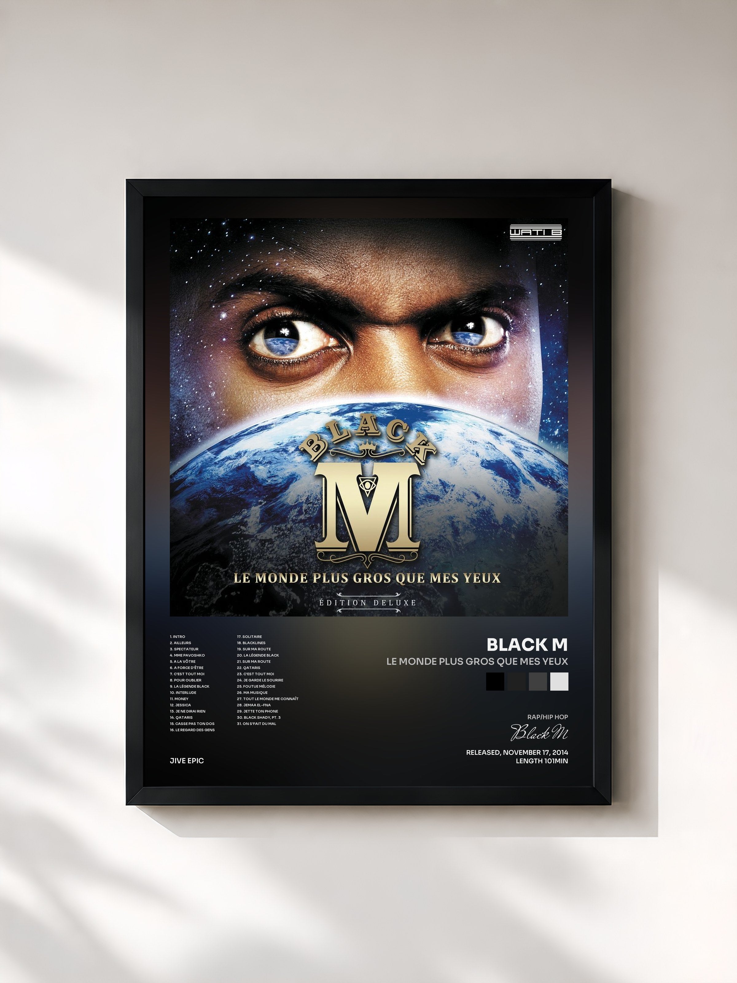 #noir Tableau de l'album Le monde plus gros que mes yeux de Black M, cadre noir, imprimé et encadré en France