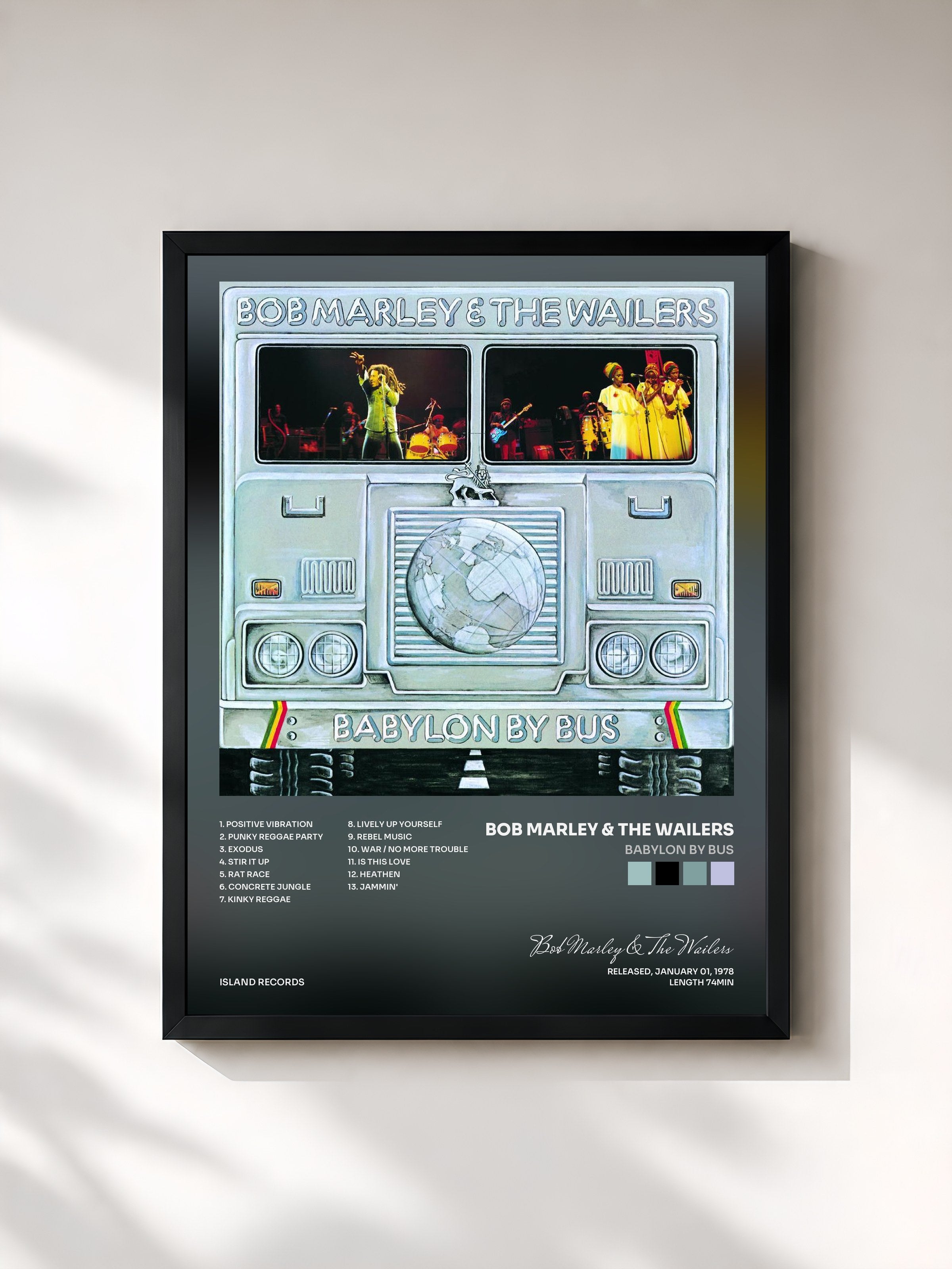 #noir Tableau de l'album Babylon By Bus de Bob Marley & The Wailers, cadre noir, imprimé et encadré en France