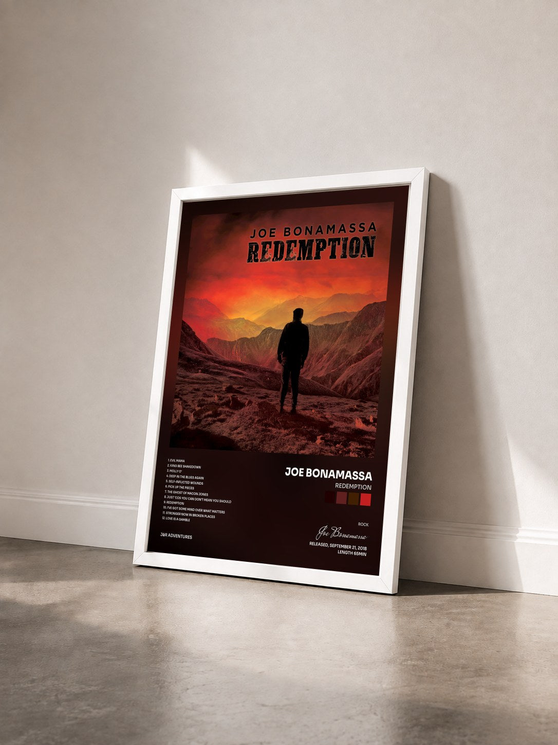 #blanc Redemption de Joe Bonamassa en lámina enmarcada vista de tres cuartos, marco blanco