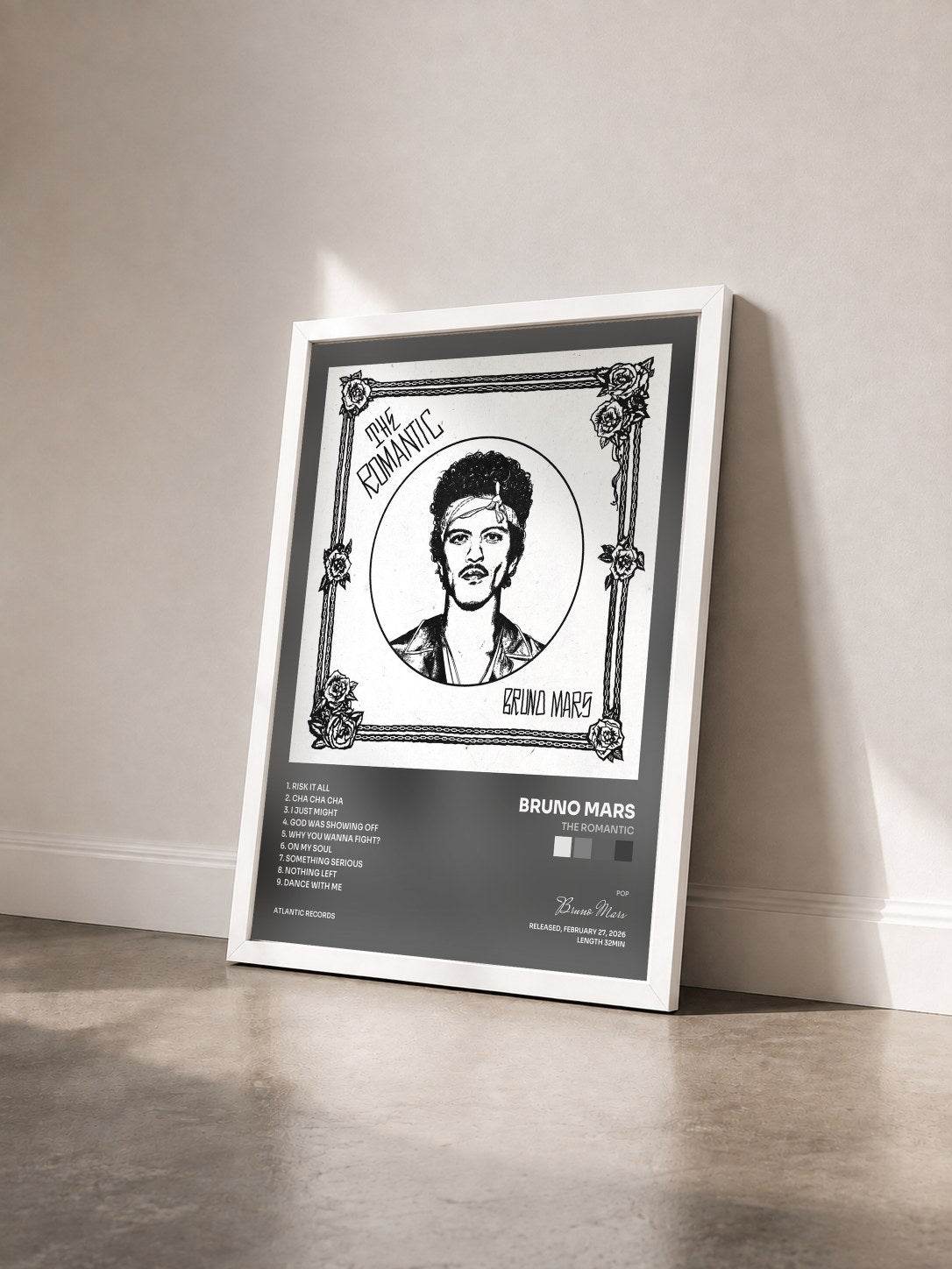 #blanc Tableau de l'album The Romantic de Bruno Mars vu de trois quarts, cadre blanc