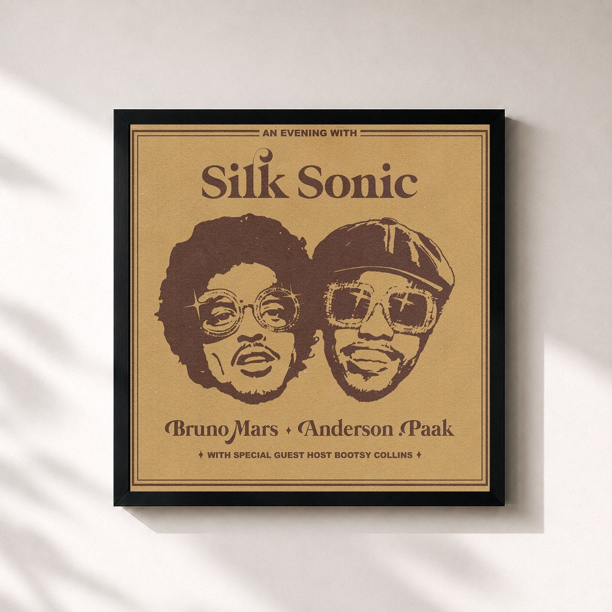#noir An Evening With Silk Sonic by Bruno Mars as a square framed art print, black 32x32 cm frame