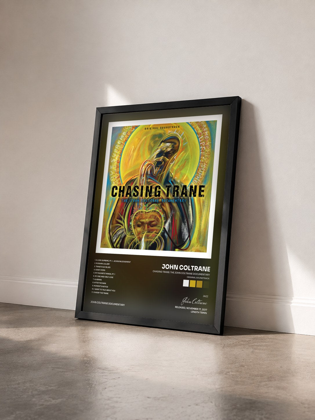 #noir Tableau de l'album Chasing Trane: The John Coltrane Documentary (Original Soundtrack) de John Coltrane vu de trois quarts, cadre noir