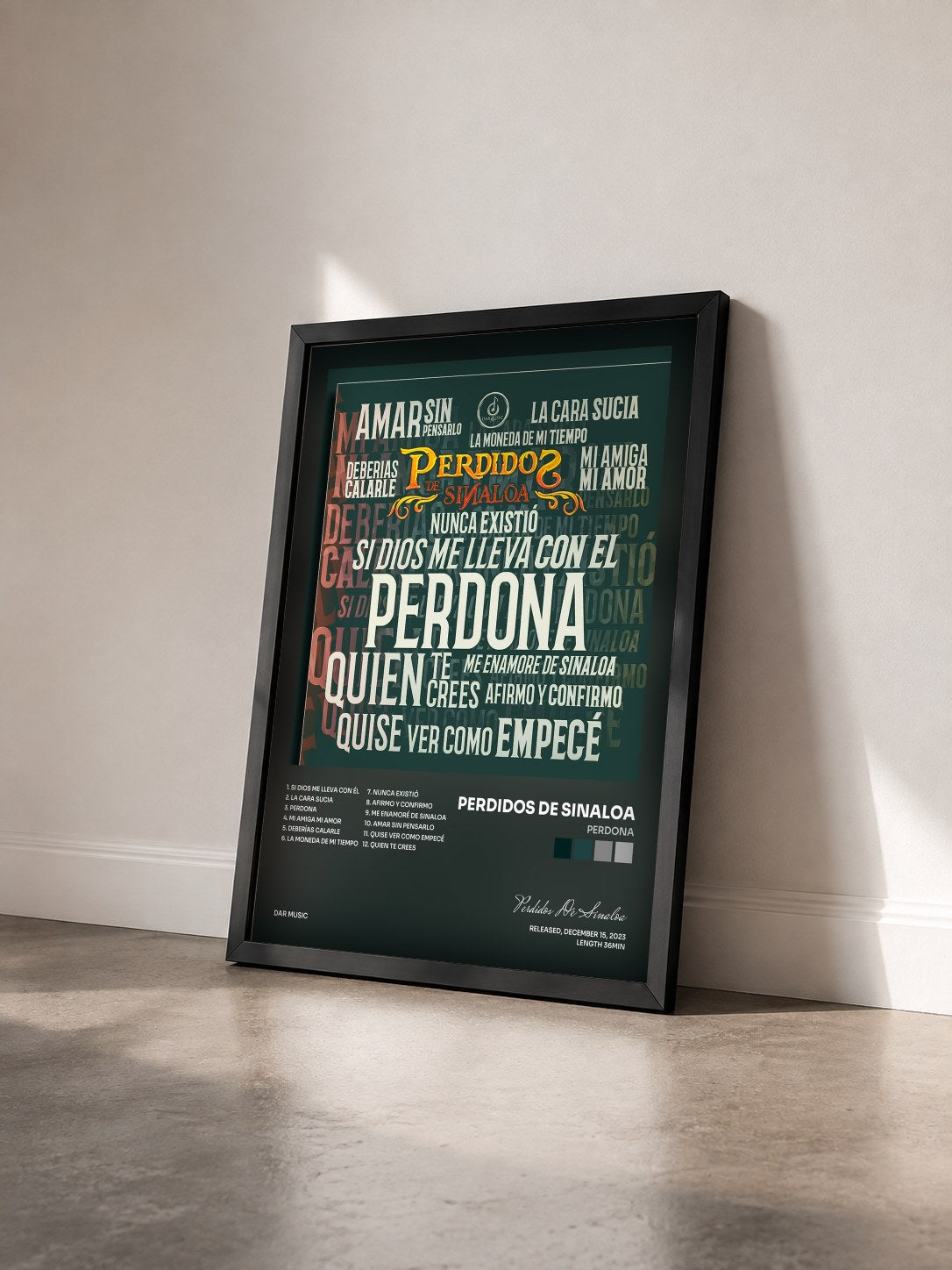 #noir Tableau de l'album Perdona de Perdidos De Sinaloa vu de trois quarts, cadre noir