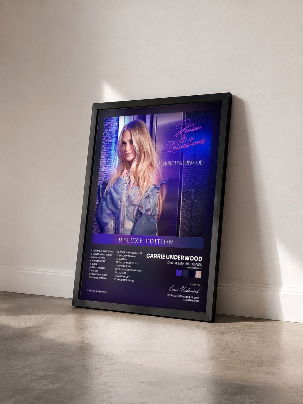 #noir Tableau de l'album Denim & Rhinestones (Deluxe Edition) de Carrie Underwood vu de trois quarts, cadre noir
