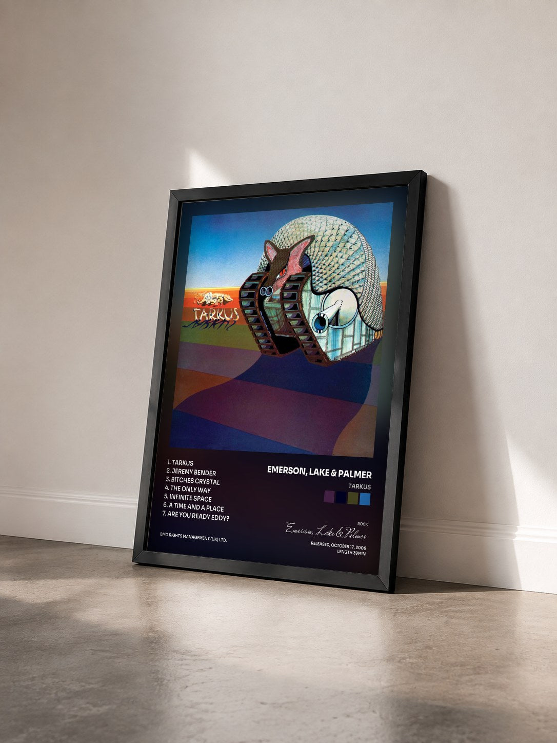 #noir Tableau de l'album Tarkus de Emerson, Lake & Palmer vu de trois quarts, cadre noir