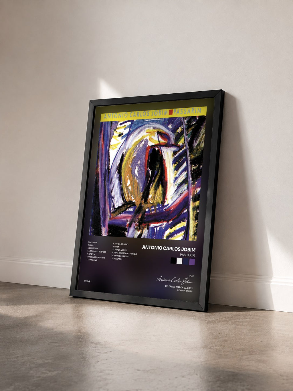 #noir Tableau de l'album Passarim de Antonio Carlos Jobim vu de trois quarts, cadre noir