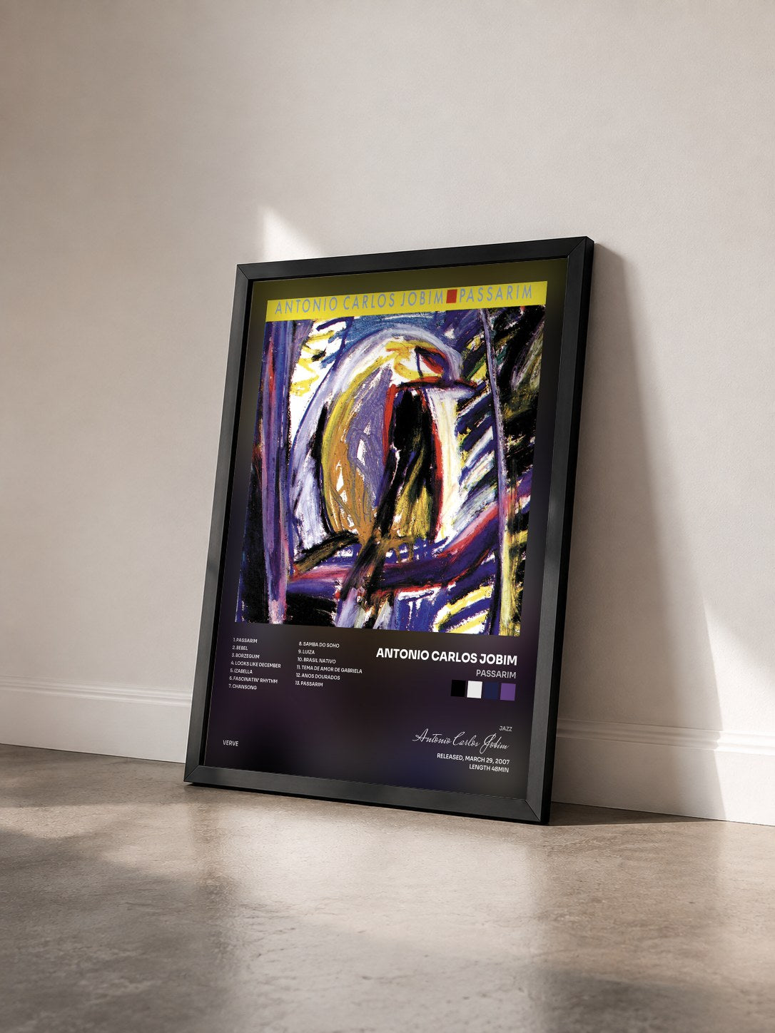 #noir Tableau de l'album Passarim de Antonio Carlos Jobim vu de trois quarts, cadre noir