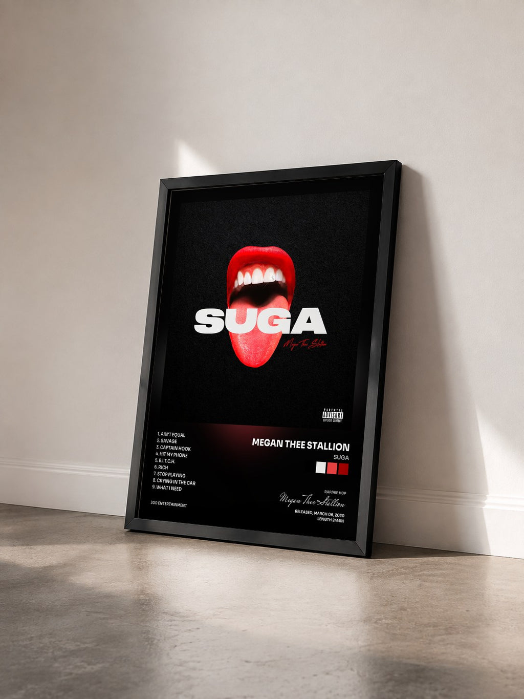 #noir Tableau de l'album Suga de Megan Thee Stallion vu de trois quarts, cadre noir