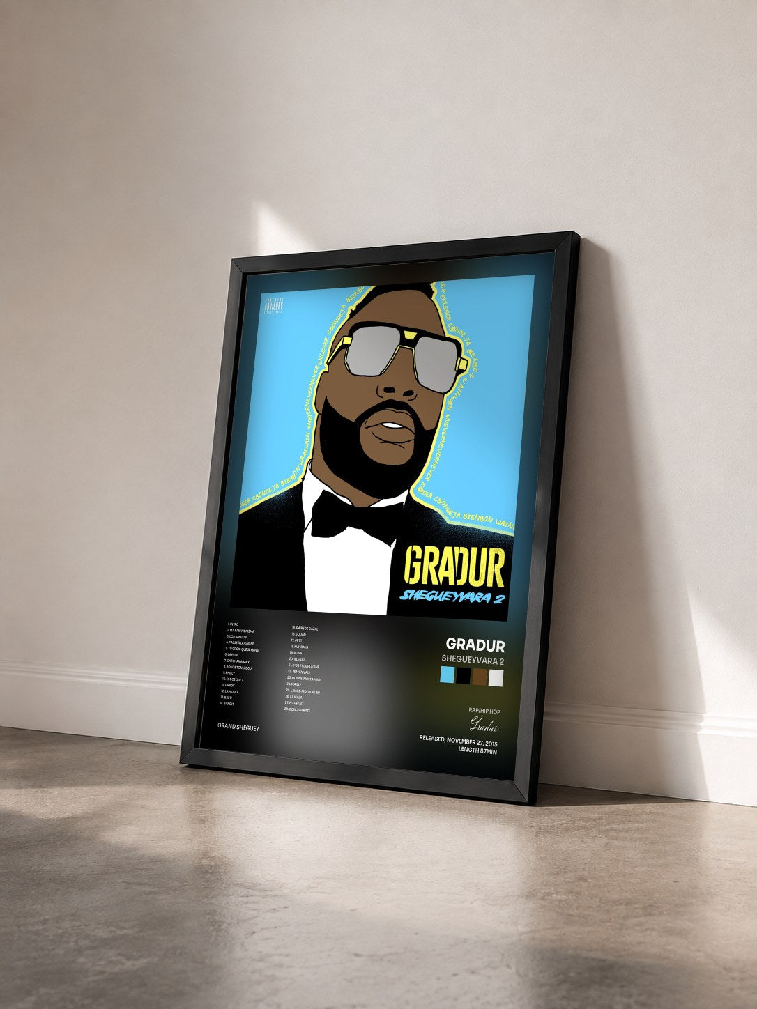 #noir Tableau de l'album ShegueyVara 2 de Gradur vu de trois quarts, cadre noir