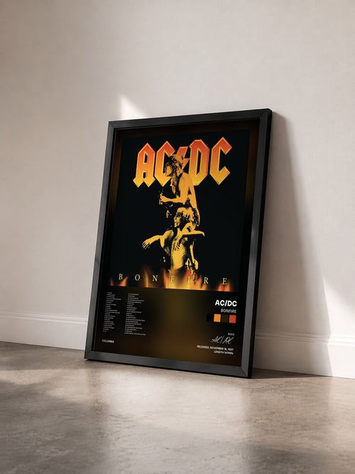 #noir Tableau de l'album Bonfire de AC/DC vu de trois quarts, cadre noir