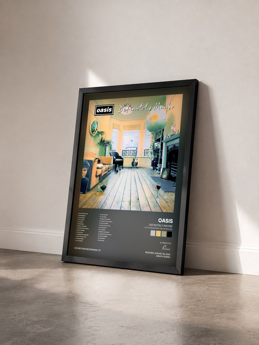 #noir Tableau de l'album Definitely Maybe (30th Anniversary Deluxe Edition) de Oasis vu de trois quarts, cadre noir