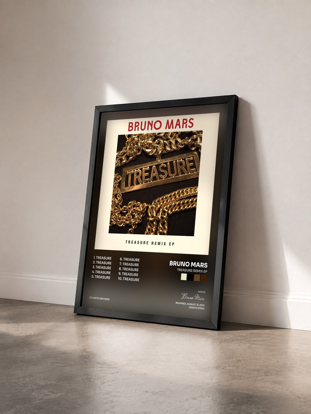 #noir Tableau de l'album Treasure Remix EP de Bruno Mars vu de trois quarts, cadre noir