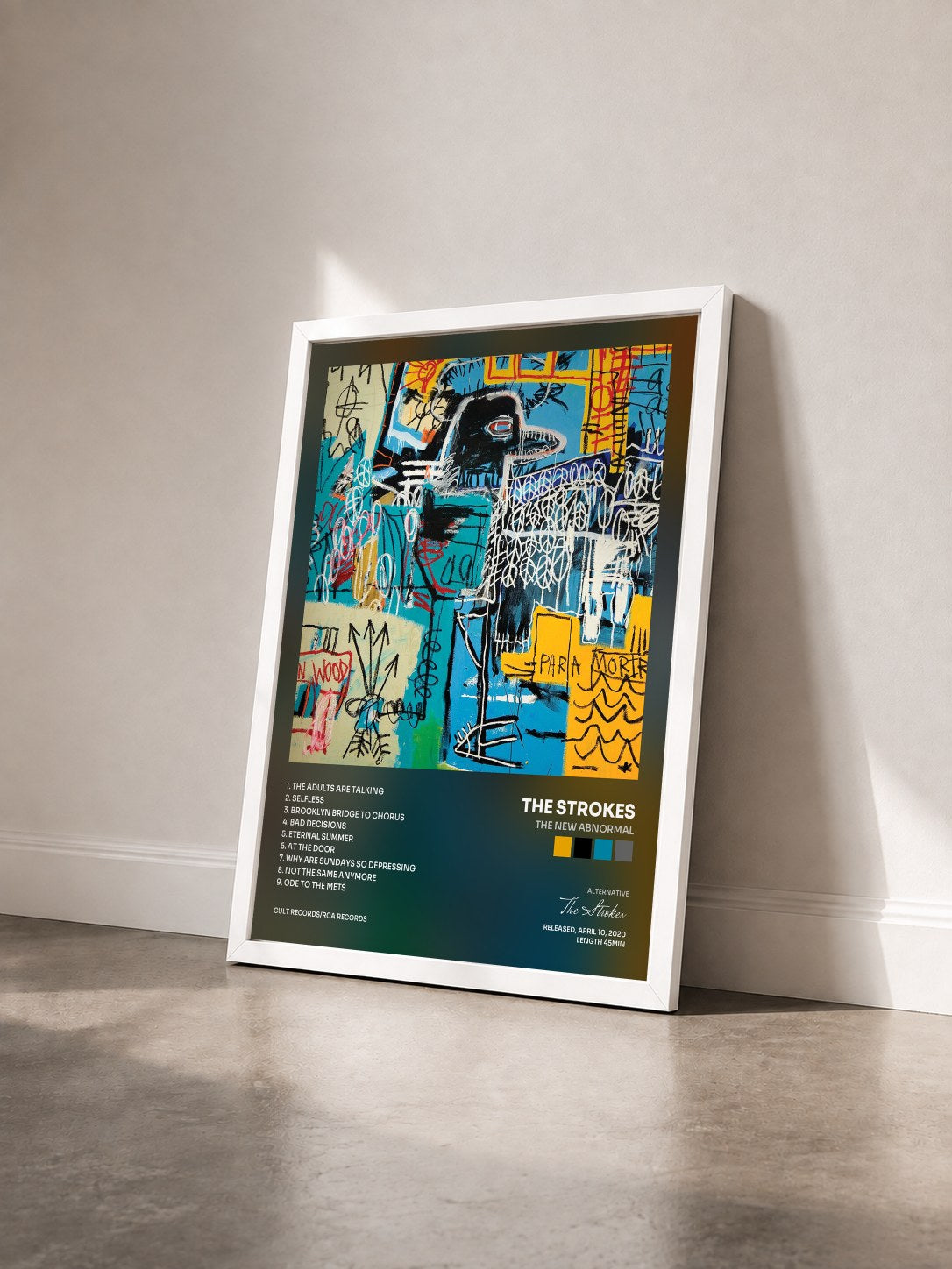 #blanc Tableau de l'album The New Abnormal de The Strokes vu de trois quarts, cadre blanc