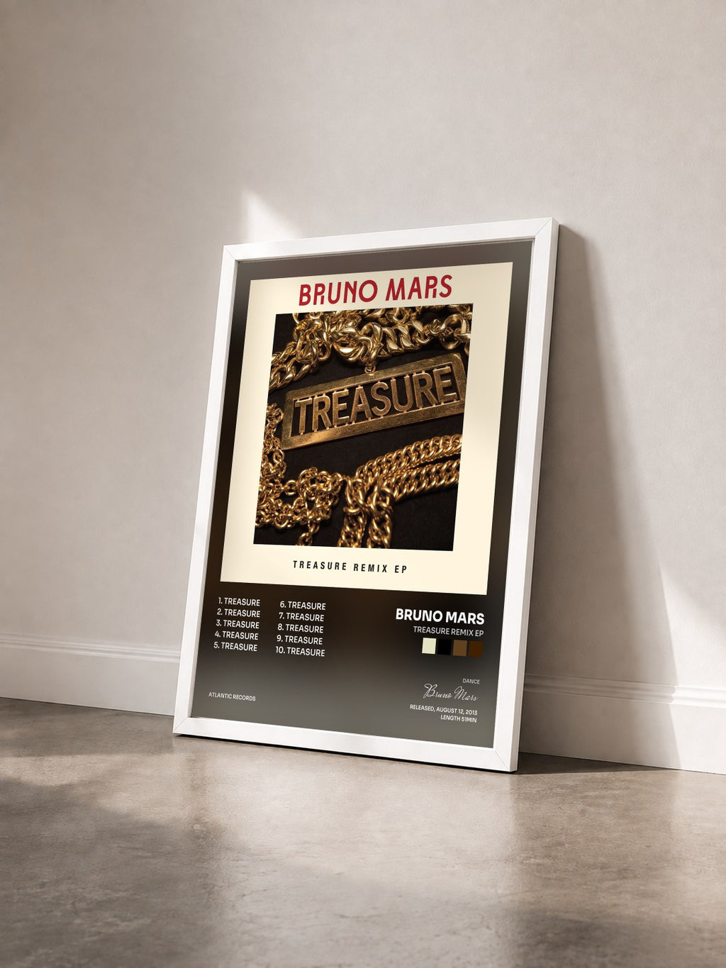 #blanc Tableau de l'album Treasure Remix EP de Bruno Mars vu de trois quarts, cadre blanc