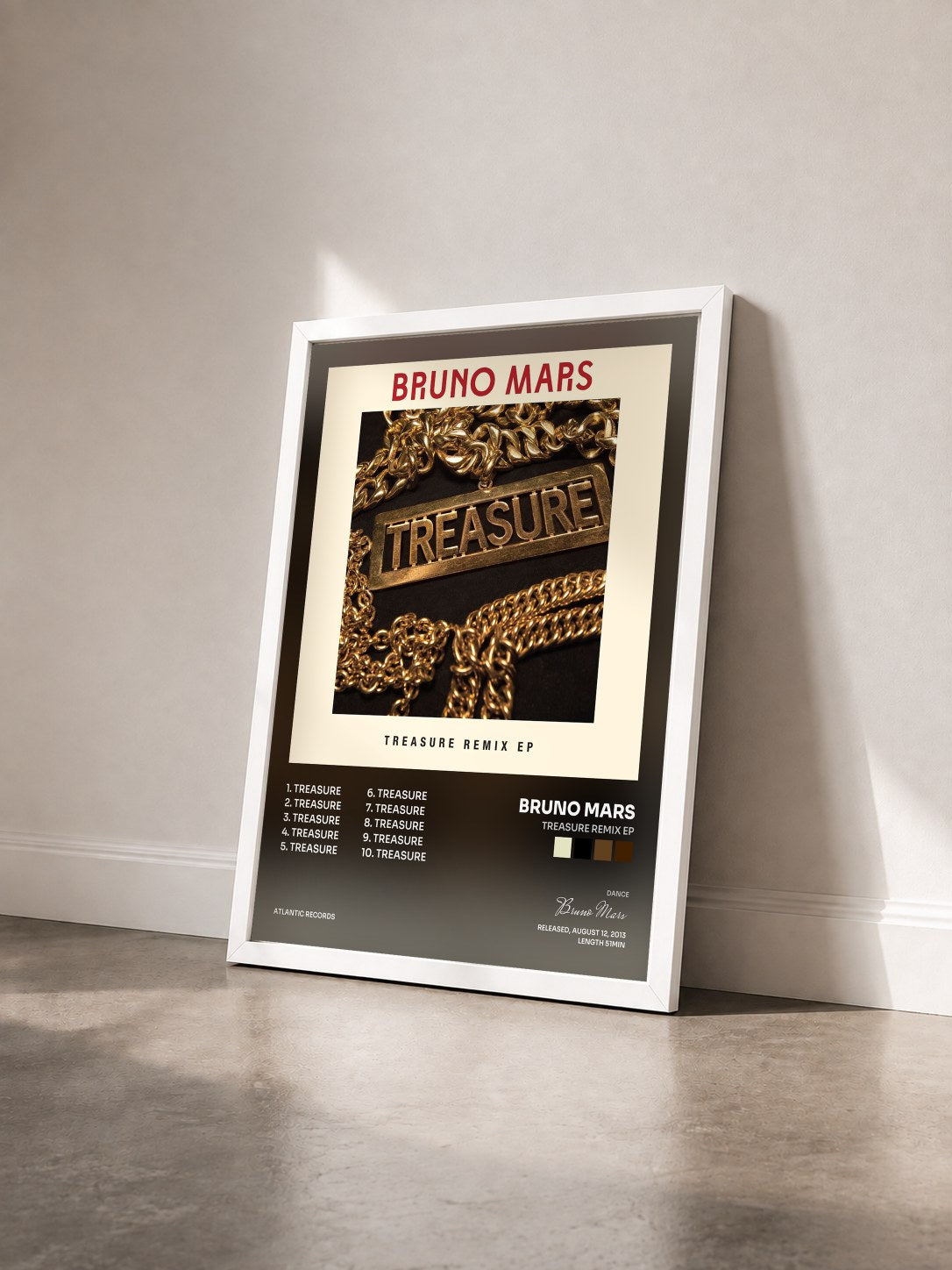 #blanc Tableau de l'album Treasure Remix EP de Bruno Mars vu de trois quarts, cadre blanc