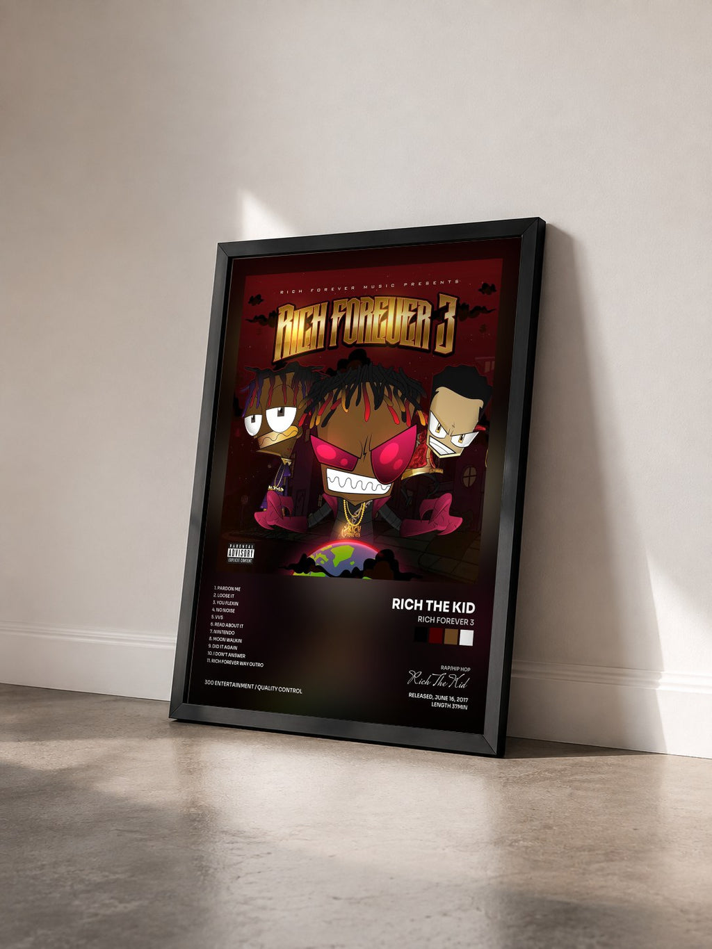 #noir Rich Forever 3 by Rich The Kid as a framed art print seen at an angle, black frame