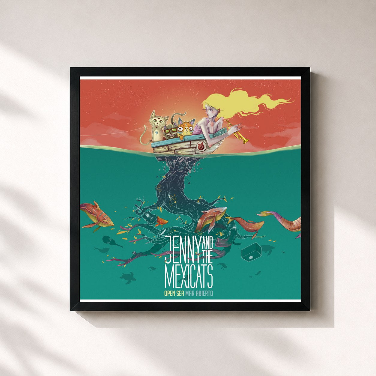 #noir Tableau carré de l'album Open Sea / Mar Abierto de Jenny And The Mexicats, cadre noir 32x32 cm
