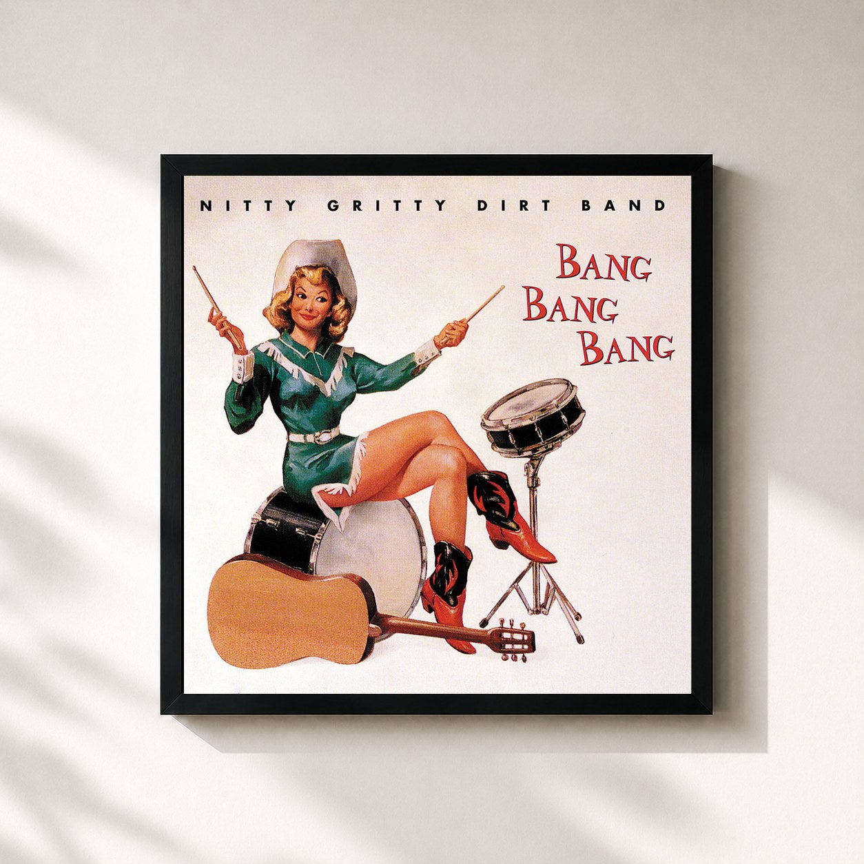 #noir Tableau carré de l'album Bang Bang Bang de Nitty Gritty Dirt Band, cadre noir 32x32 cm