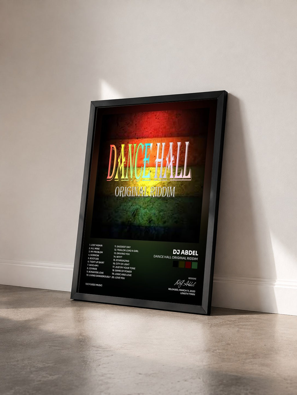 #noir Dance Hall Original Riddim di DJ Abdel in stampa incorniciata vista di tre quarti, cornice nera